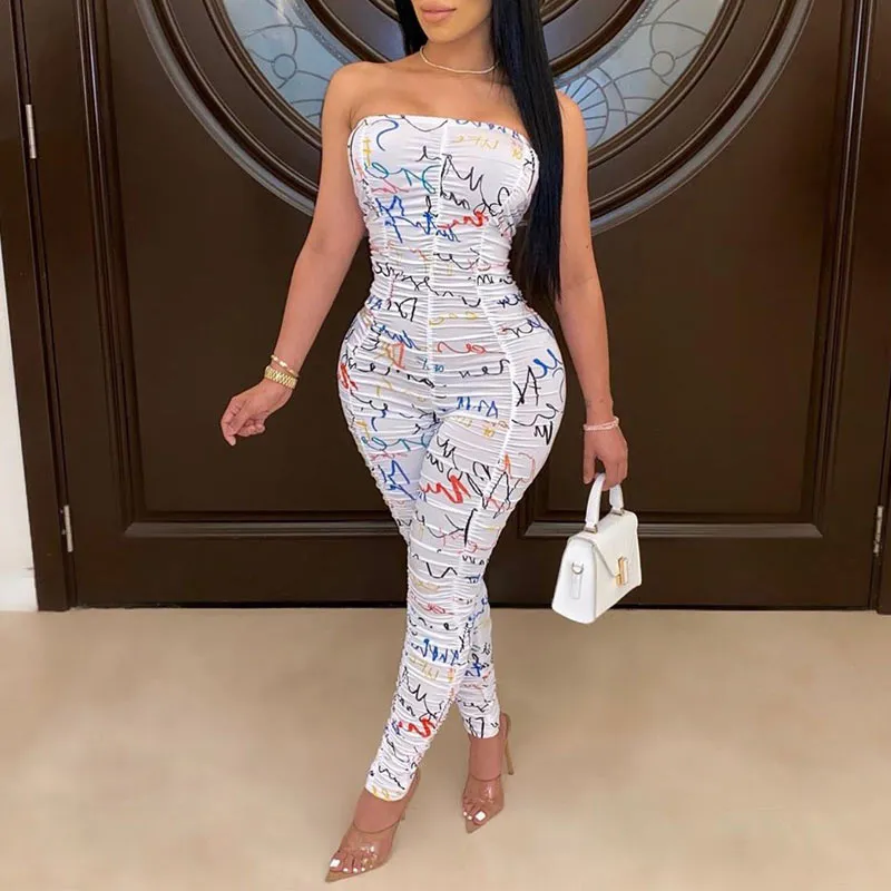 Print Off Shoulder Ruched Jumpsuit