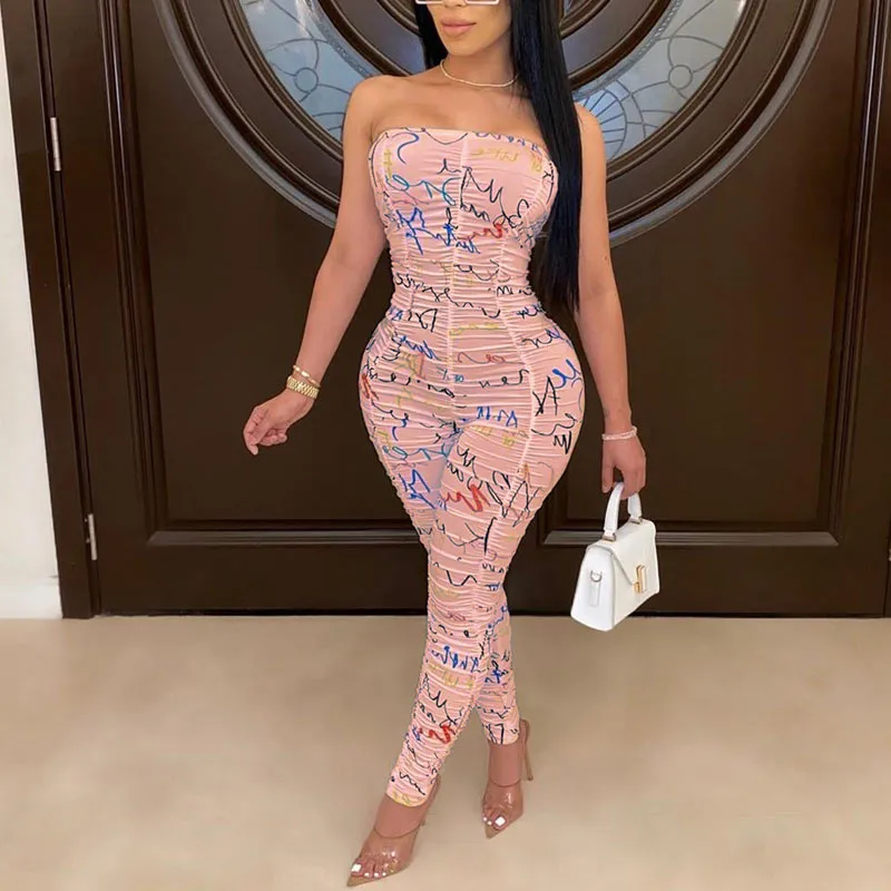 Print Off Shoulder Ruched Jumpsuit