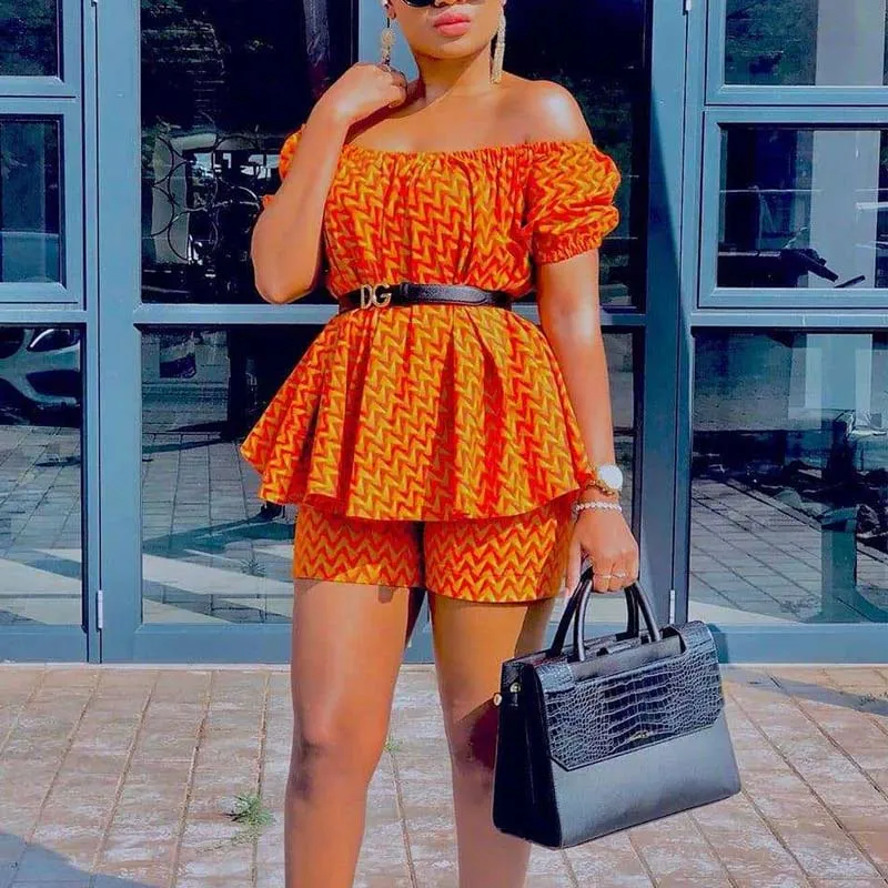 Print Off Shoulder Short Sleeve Two Piece Shorts Set