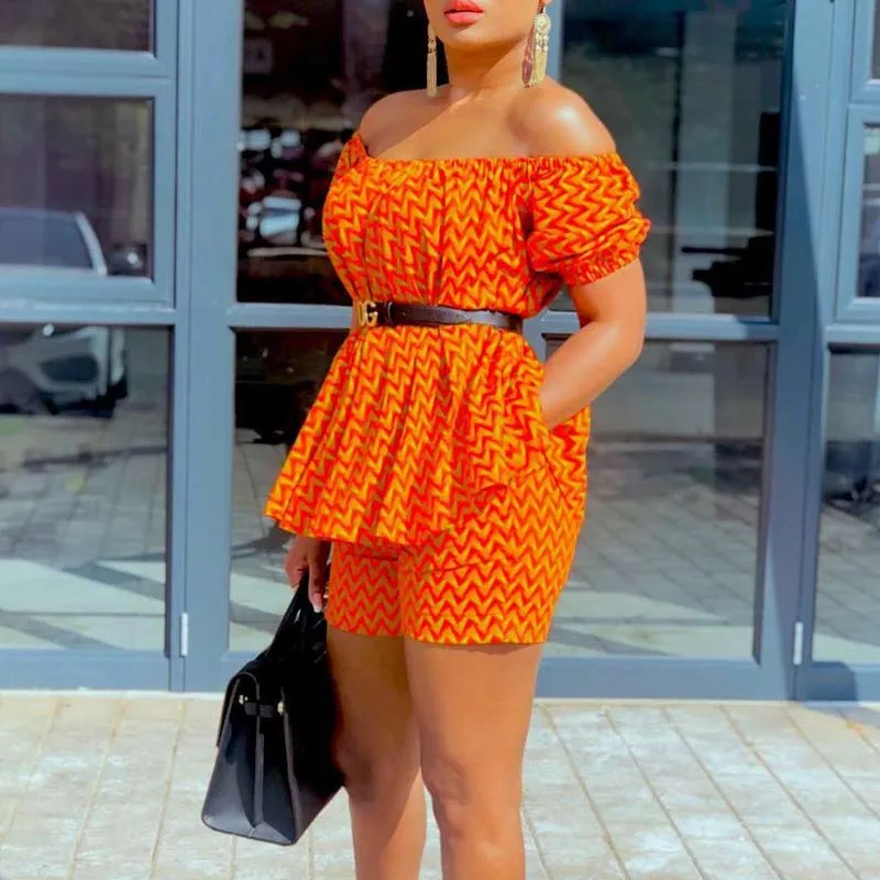 Print Off Shoulder Short Sleeve Two Piece Shorts Set