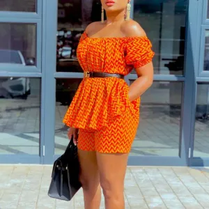 Print Off Shoulder Short Sleeve Two Piece Shorts Set