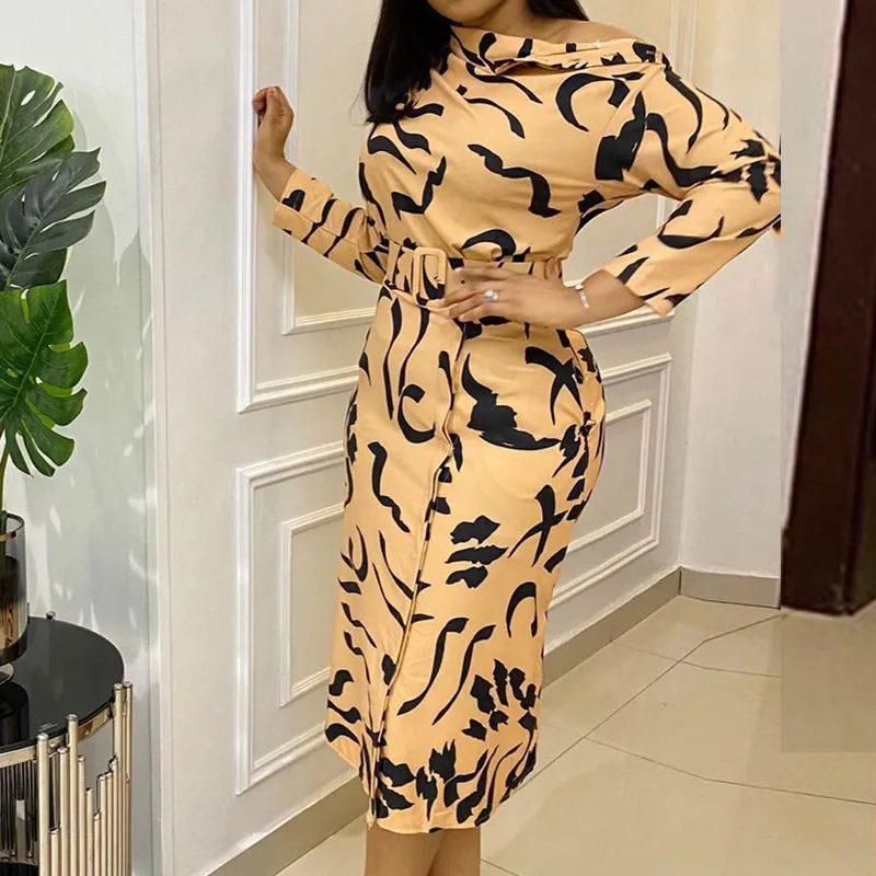 Print One Shoulder Long Sleeve Dress With Belt
