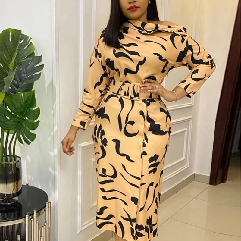 Print One Shoulder Long Sleeve Dress With Belt