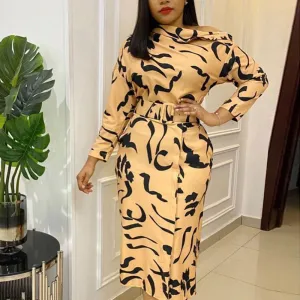 Print One Shoulder Long Sleeve Dress With Belt