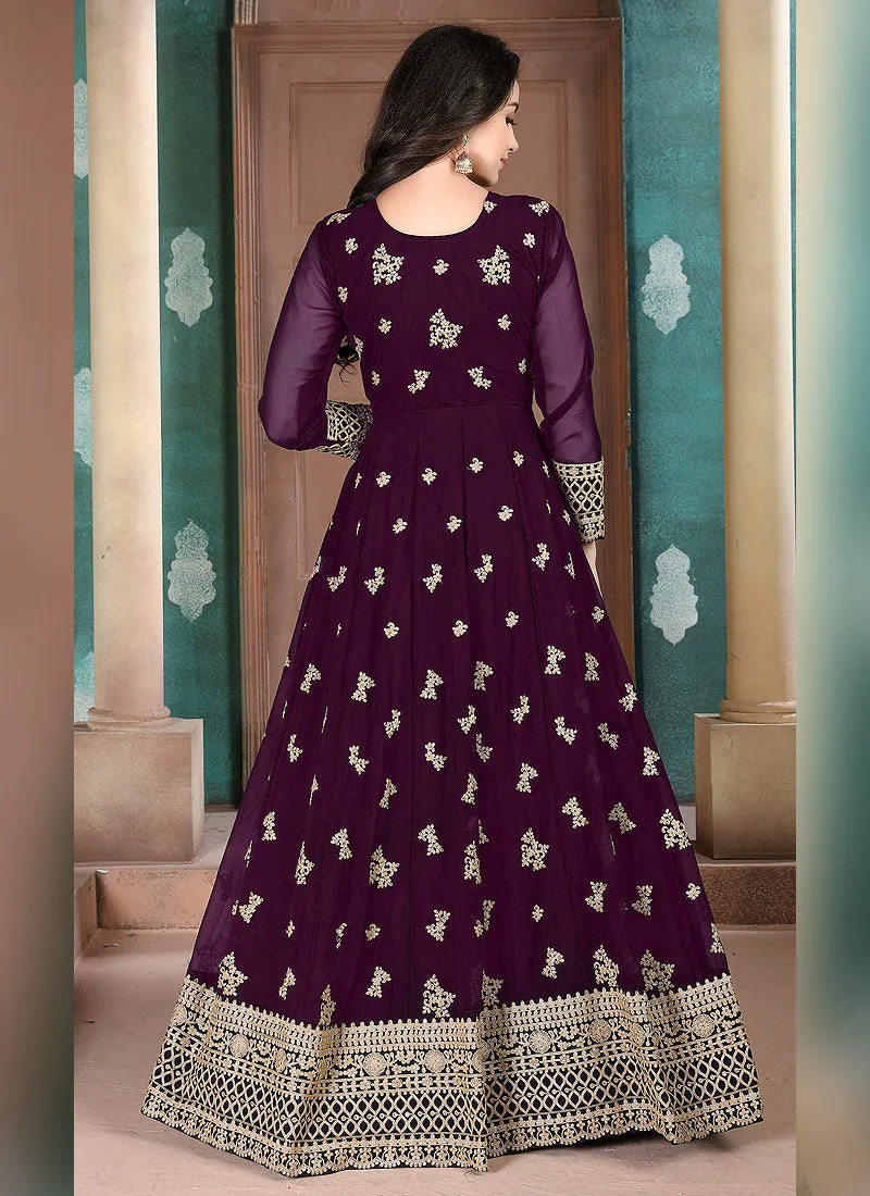 Purple Golden Embroidered Anarkali Pant Suit