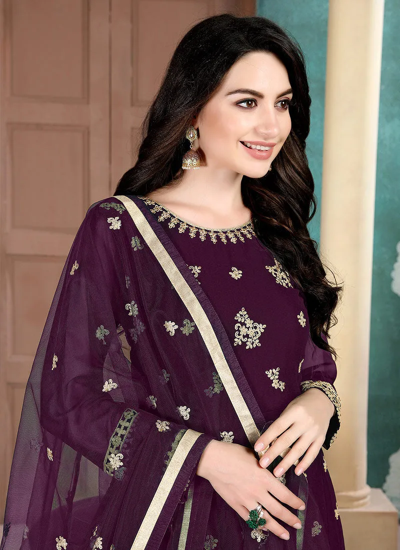 Purple Golden Embroidered Anarkali Pant Suit