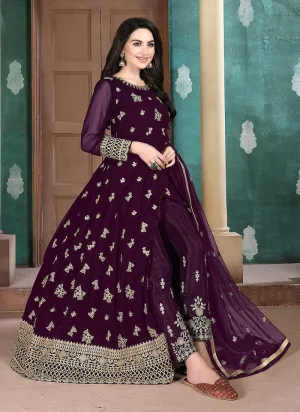 Purple Golden Embroidered Anarkali Pant Suit