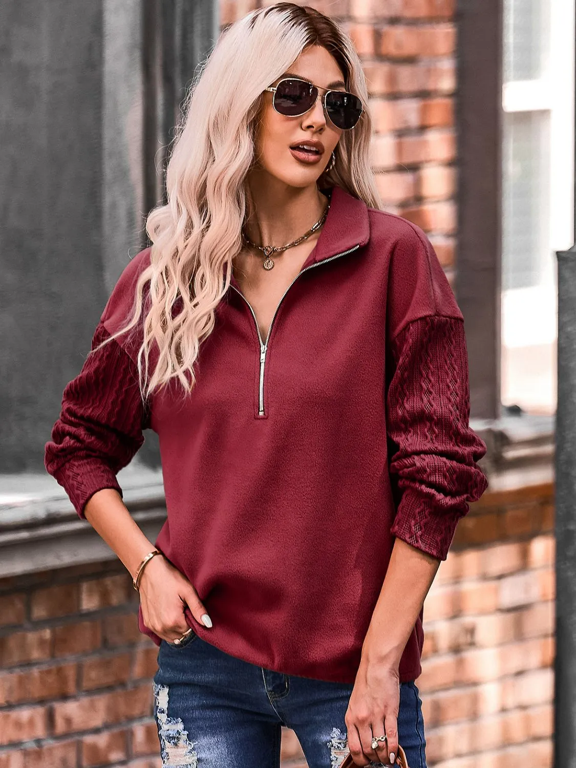 Quarter Zip Dropped Shoulder Spliced Sweatshirt-Online Exclusive