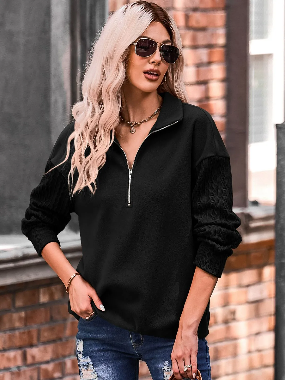 Quarter Zip Dropped Shoulder Spliced Sweatshirt-Online Exclusive