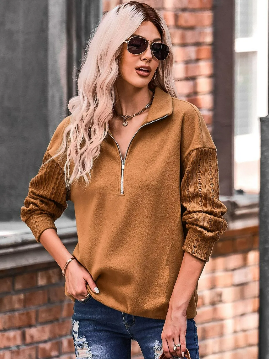 Quarter Zip Dropped Shoulder Spliced Sweatshirt-Online Exclusive
