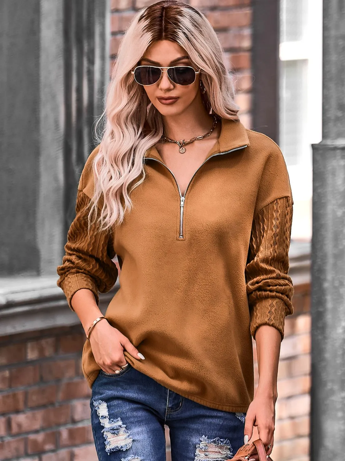 Quarter Zip Dropped Shoulder Spliced Sweatshirt-Online Exclusive