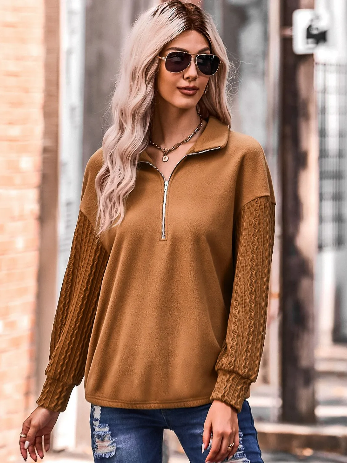 Quarter Zip Dropped Shoulder Spliced Sweatshirt-Online Exclusive