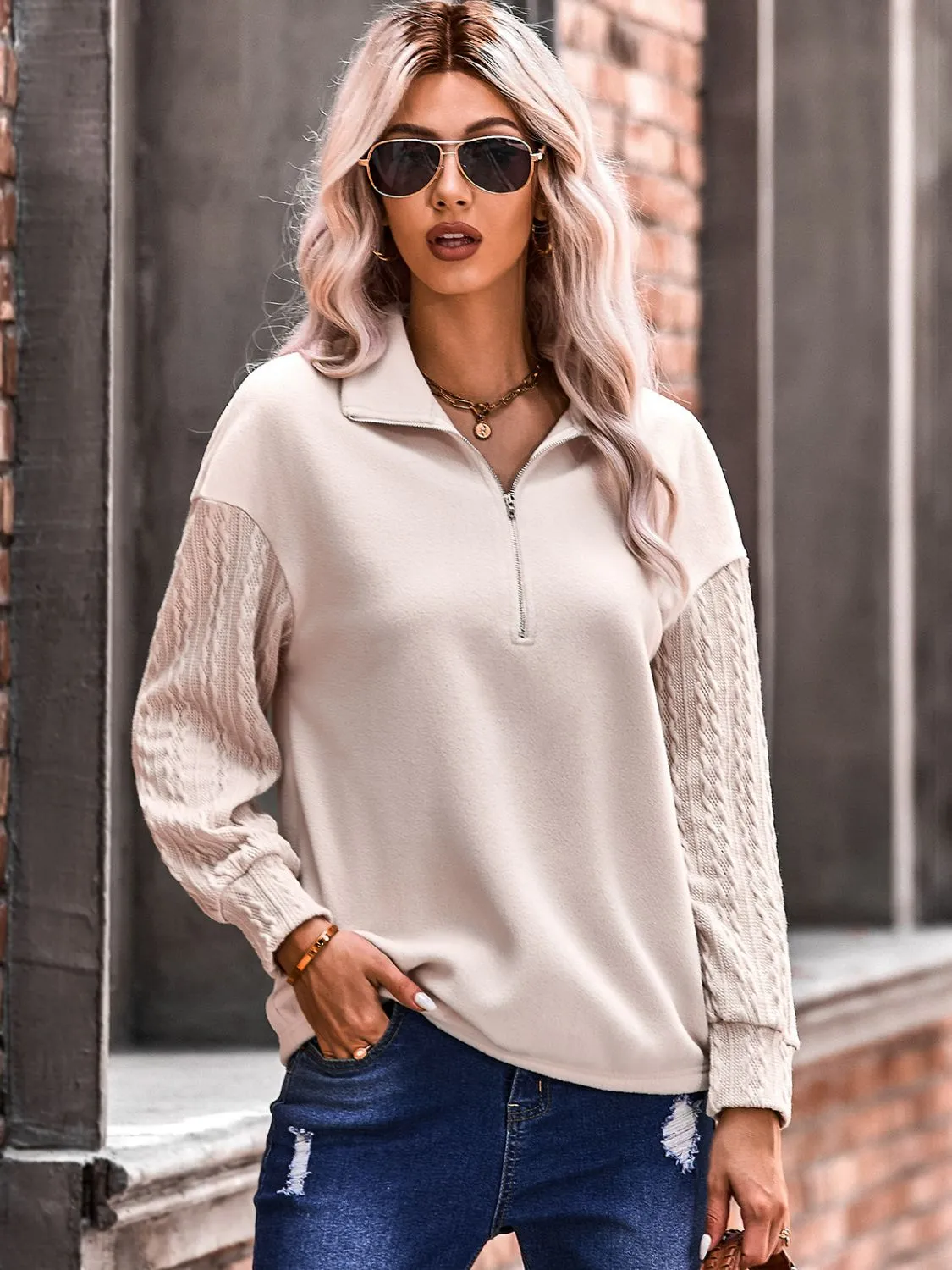 Quarter Zip Dropped Shoulder Spliced Sweatshirt-Online Exclusive