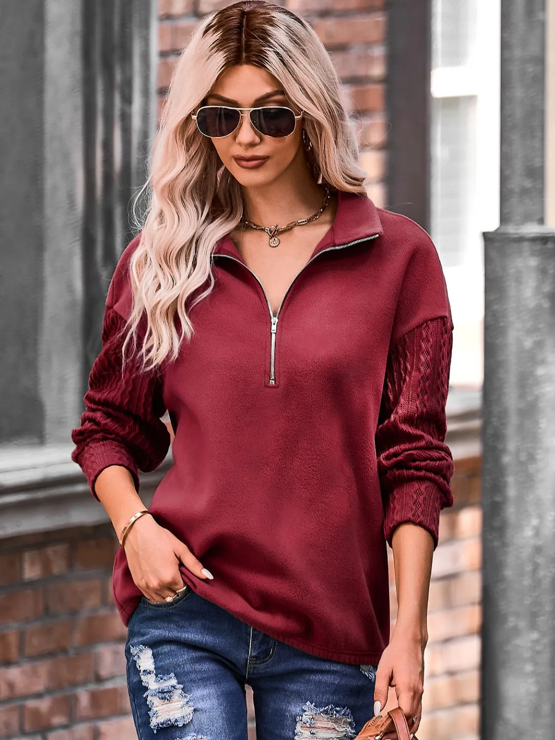Quarter Zip Dropped Shoulder Spliced Sweatshirt-Online Exclusive