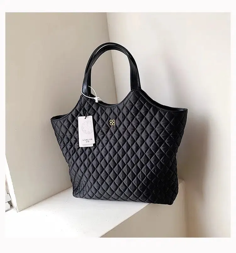 Quilted Leather Handles Tote Handbag