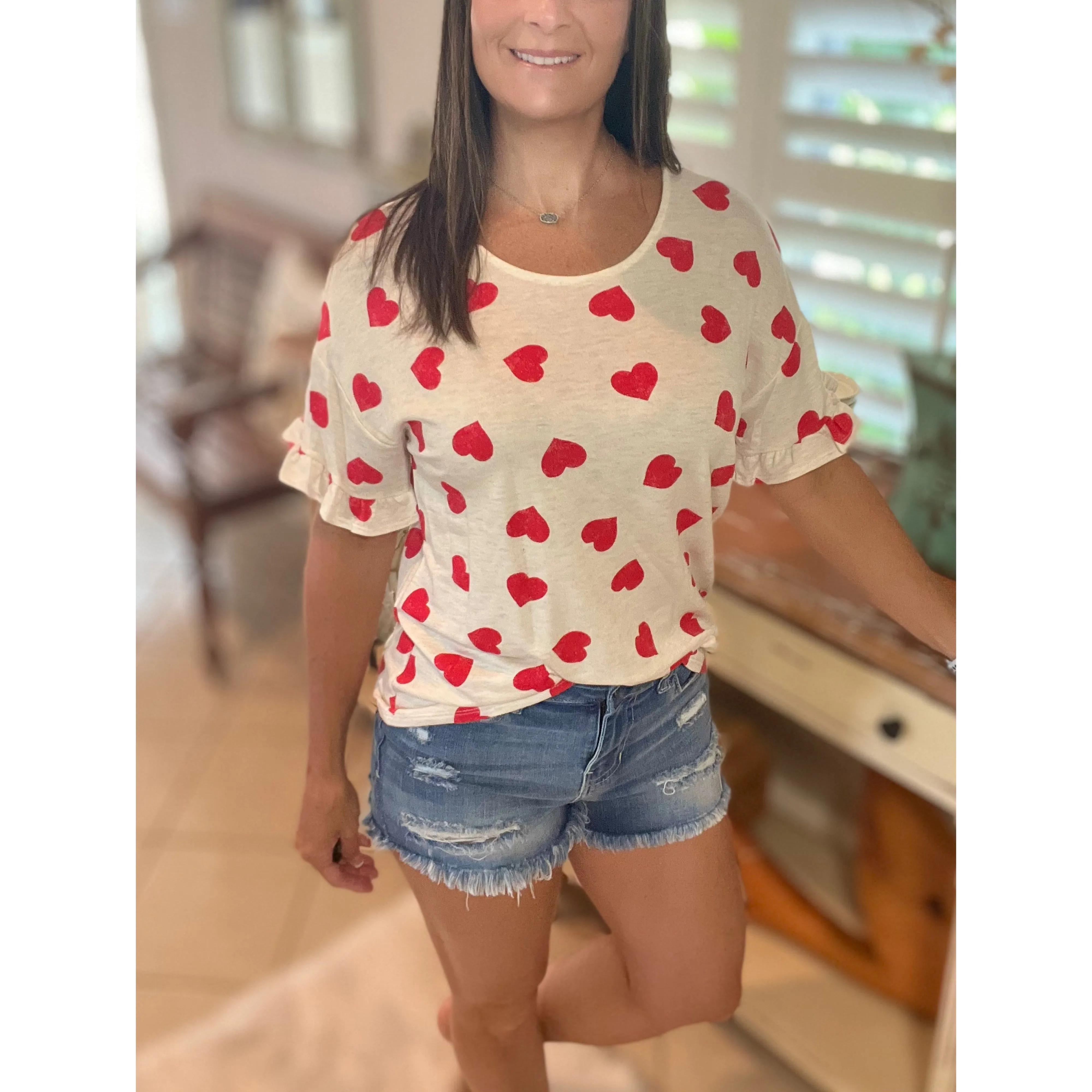 "Can't Buy Me Love" Heart Valentines Day Round Neck Short Ruffle Flutter Sleeve Floaty Top Red White