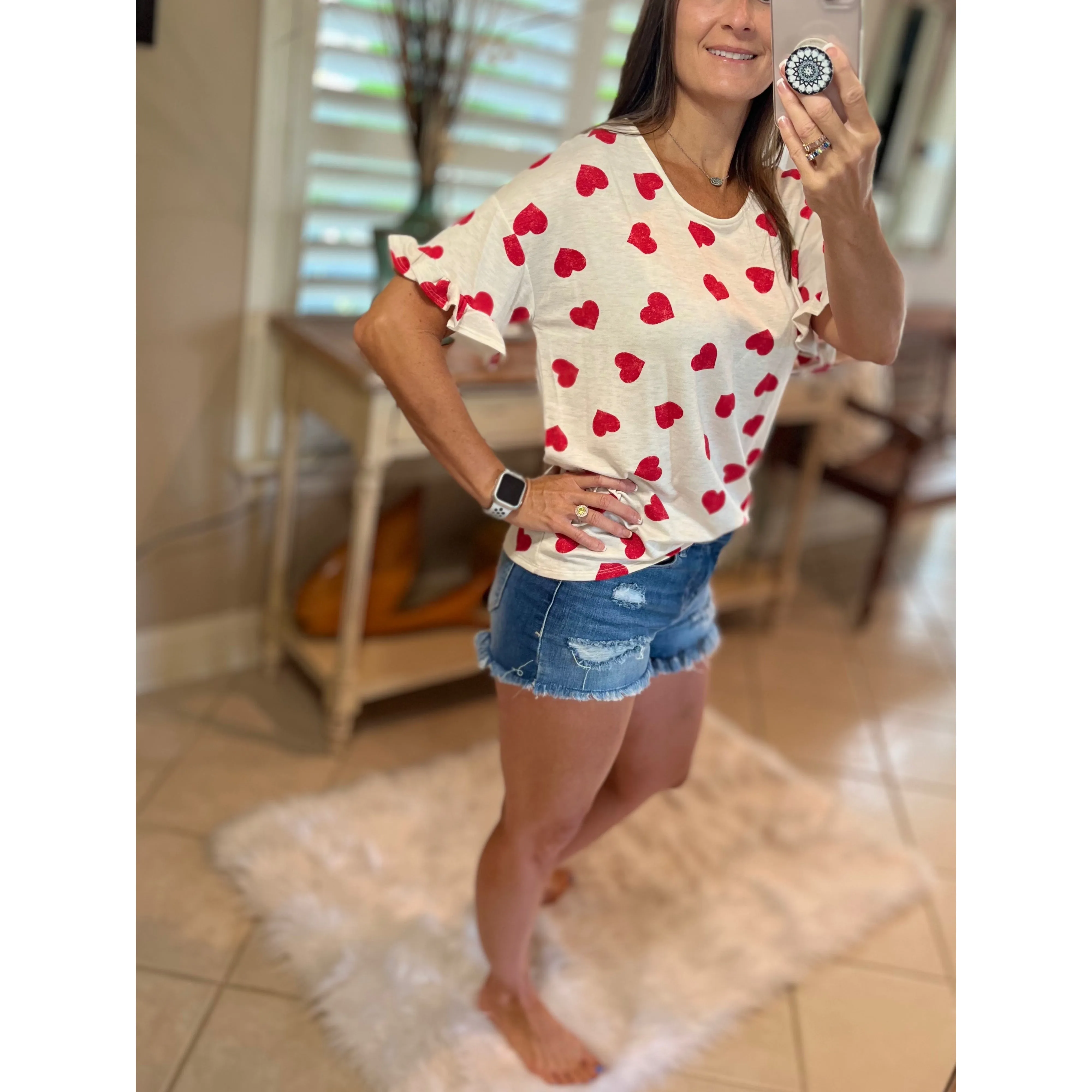"Can't Buy Me Love" Heart Valentines Day Round Neck Short Ruffle Flutter Sleeve Floaty Top Red White