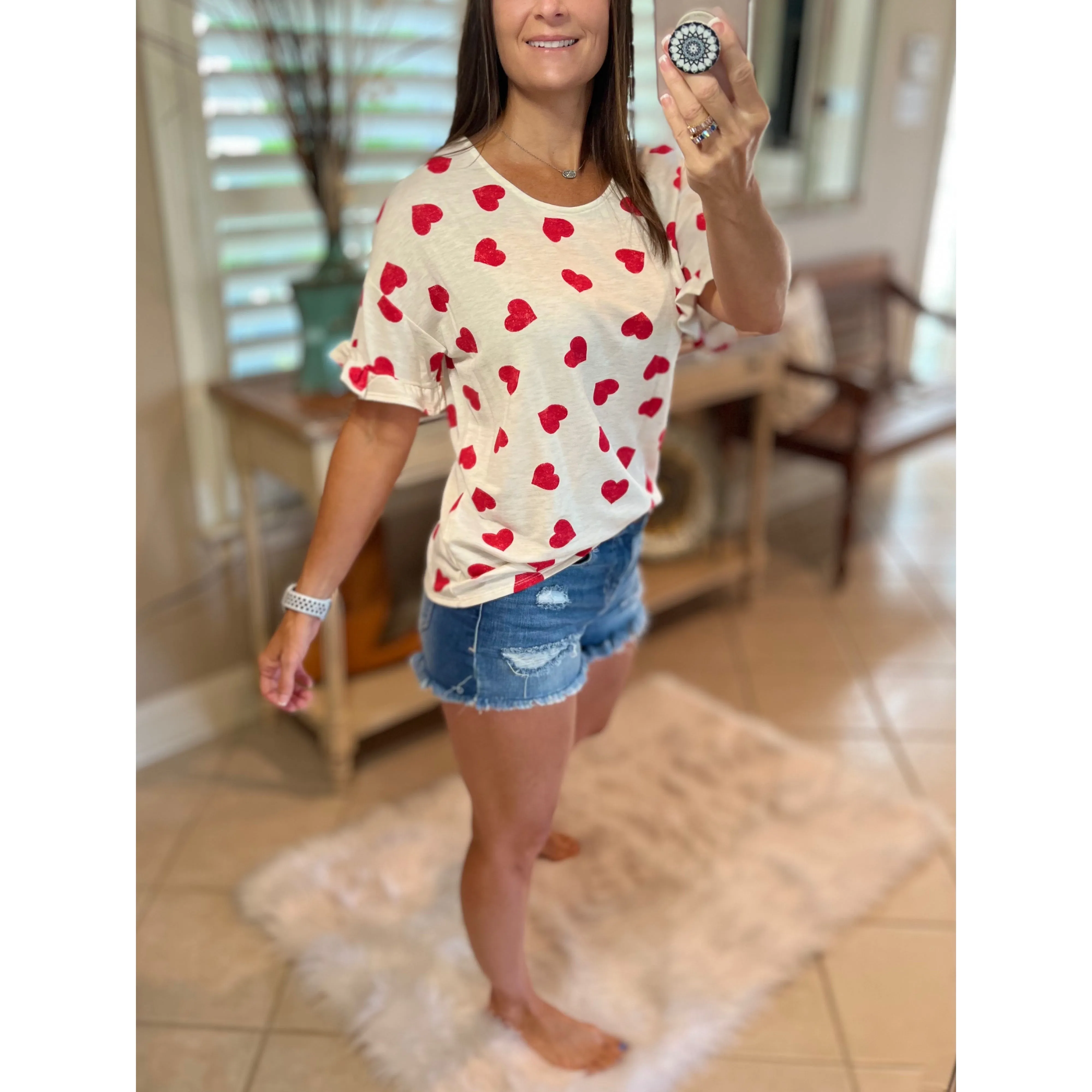 "Can't Buy Me Love" Heart Valentines Day Round Neck Short Ruffle Flutter Sleeve Floaty Top Red White