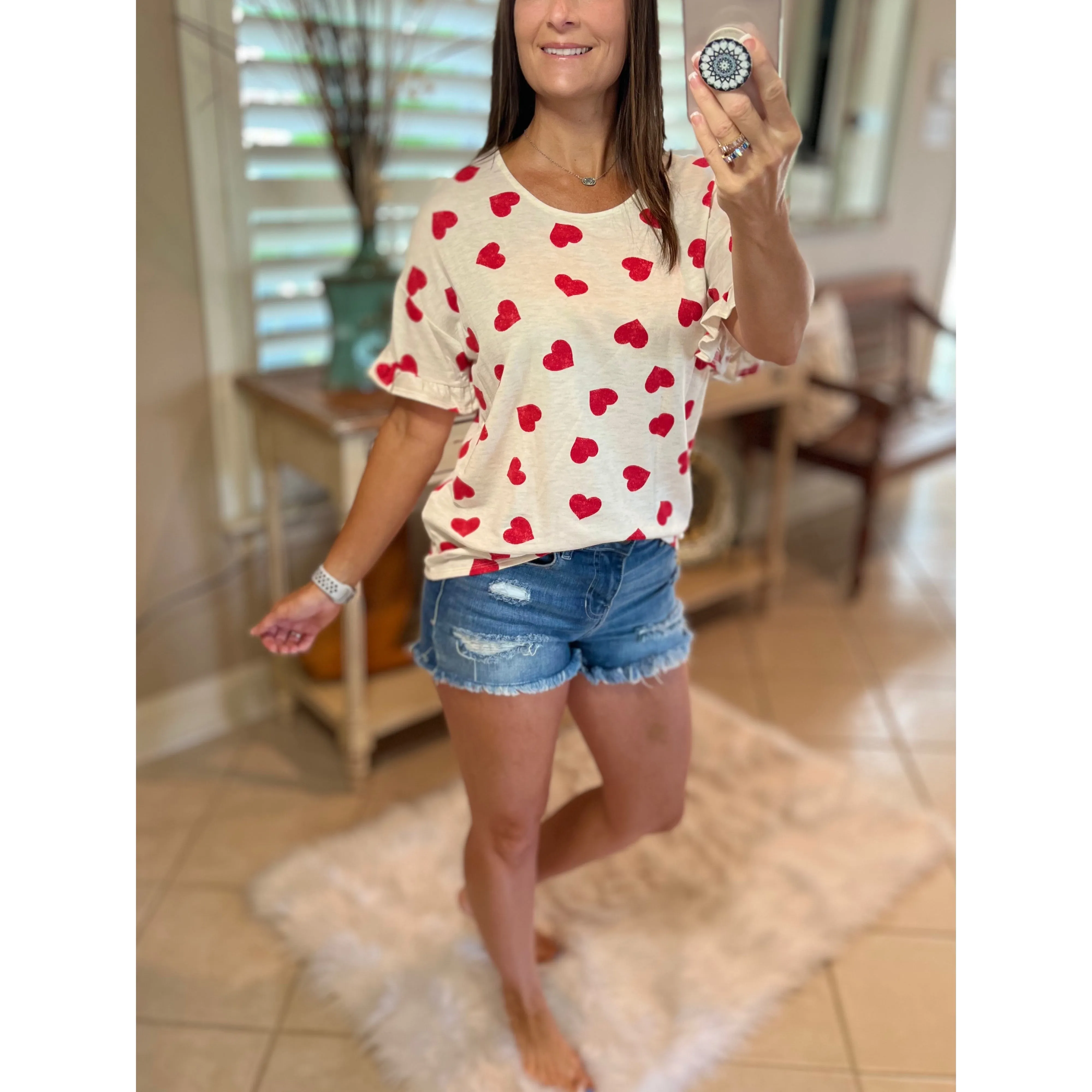 "Can't Buy Me Love" Heart Valentines Day Round Neck Short Ruffle Flutter Sleeve Floaty Top Red White