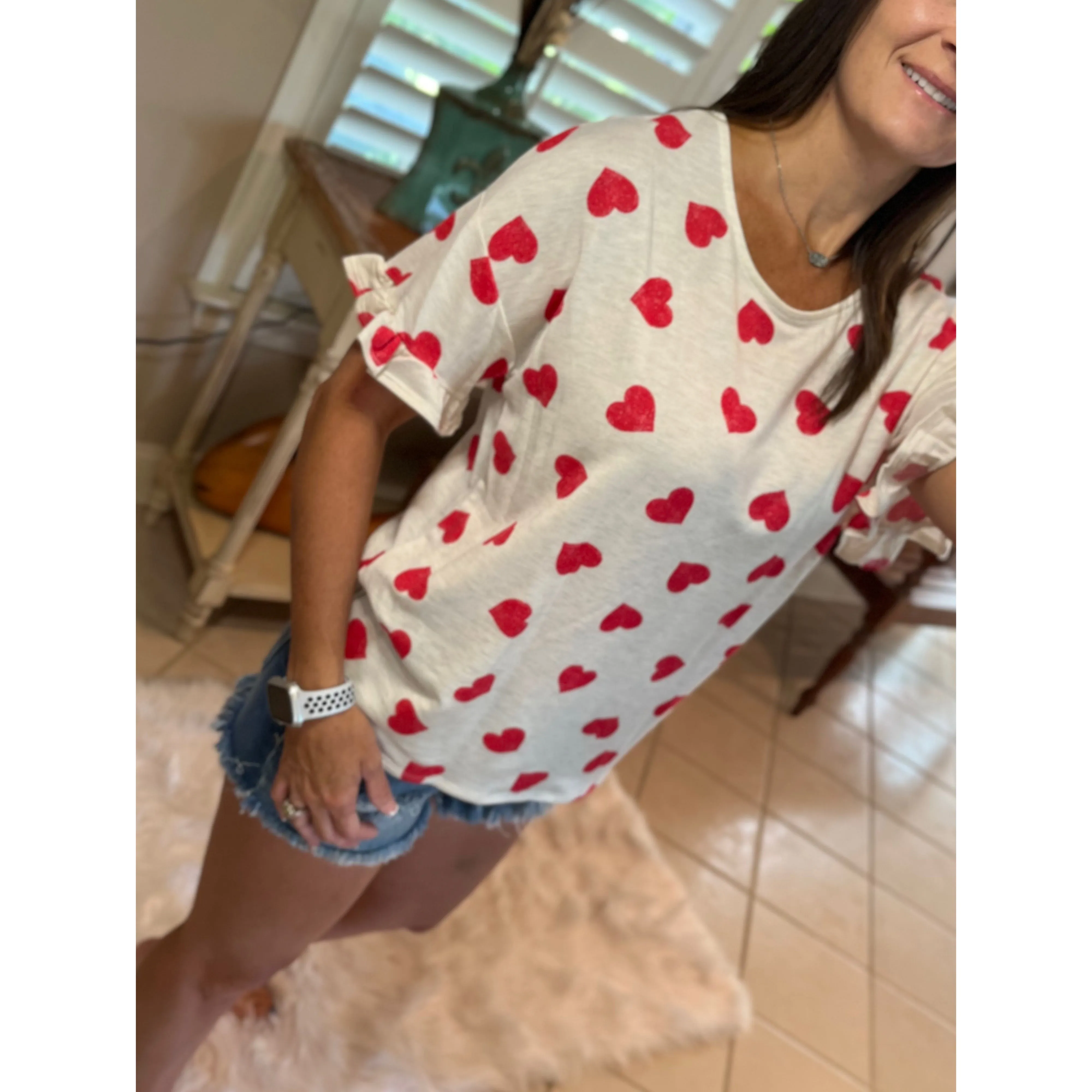 "Can't Buy Me Love" Heart Valentines Day Round Neck Short Ruffle Flutter Sleeve Floaty Top Red White