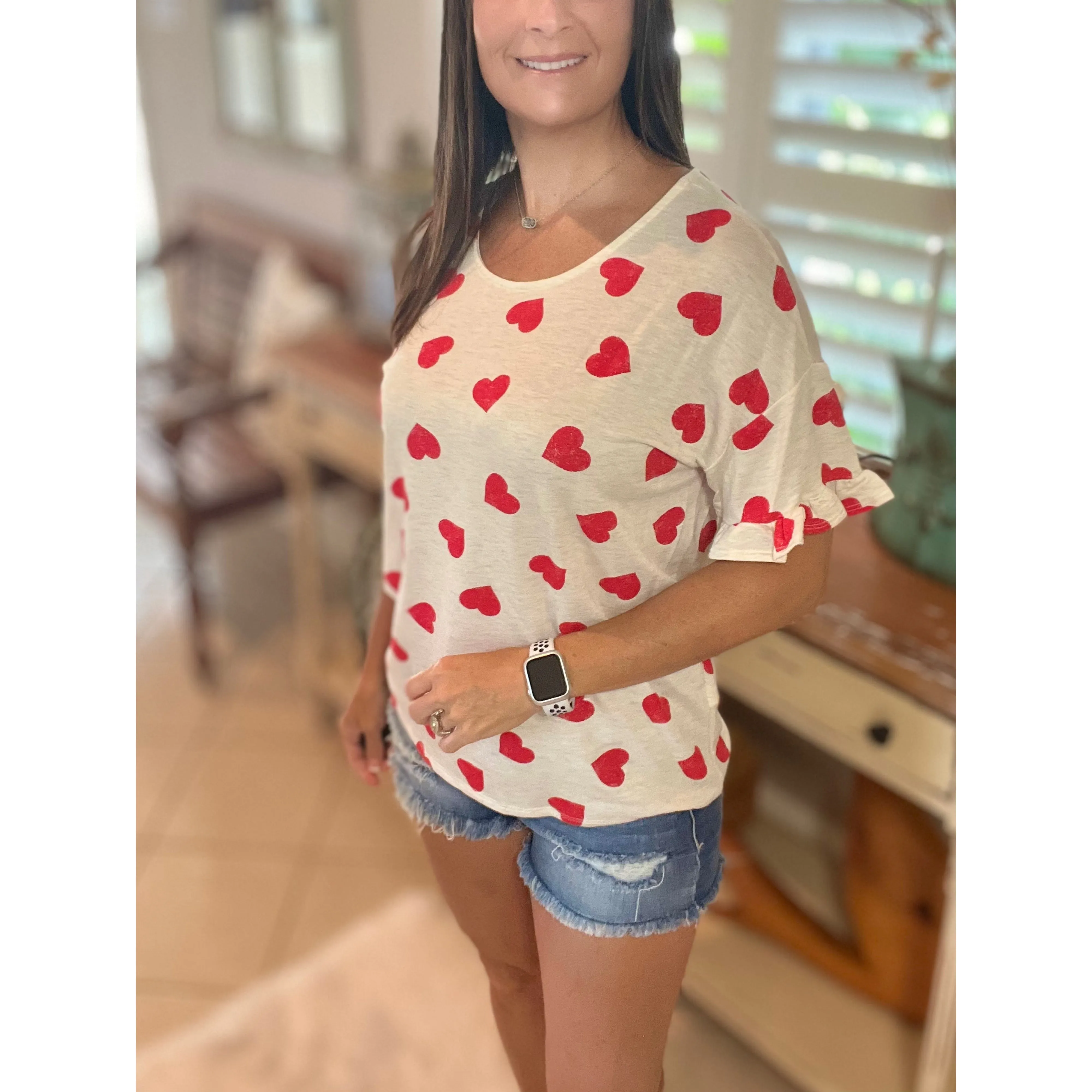 "Can't Buy Me Love" Heart Valentines Day Round Neck Short Ruffle Flutter Sleeve Floaty Top Red White
