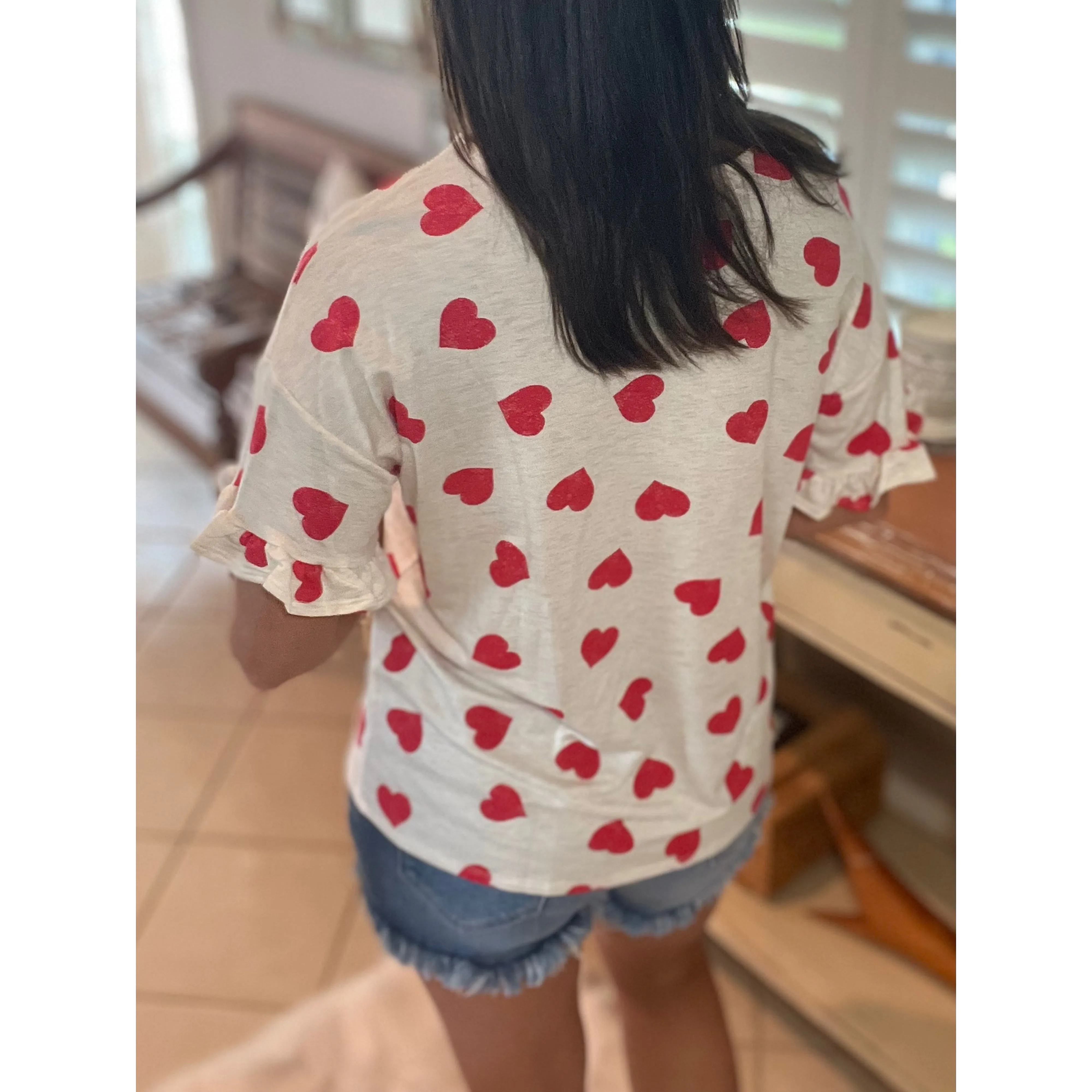 "Can't Buy Me Love" Heart Valentines Day Round Neck Short Ruffle Flutter Sleeve Floaty Top Red White