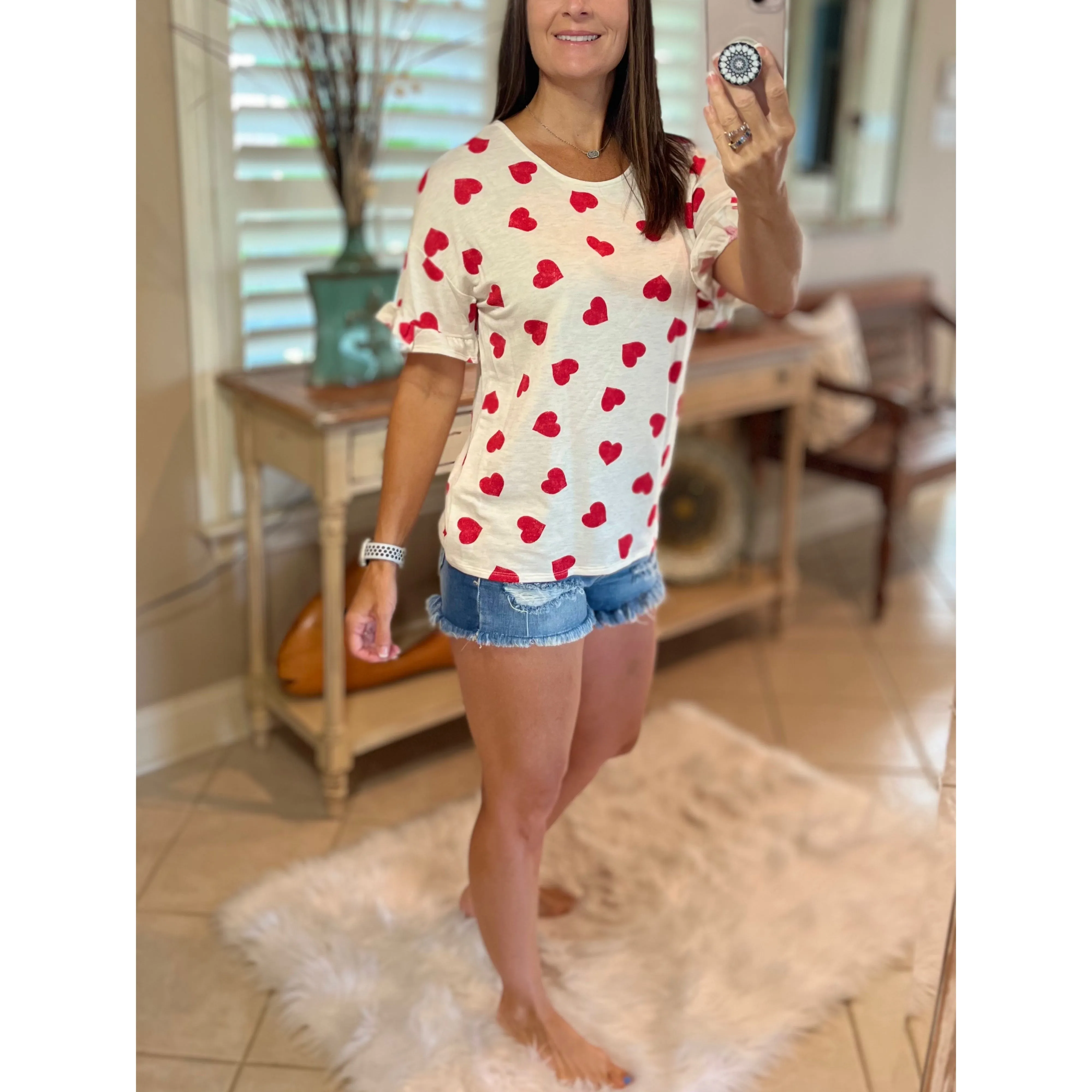 "Can't Buy Me Love" Heart Valentines Day Round Neck Short Ruffle Flutter Sleeve Floaty Top Red White
