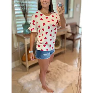 "Can't Buy Me Love" Heart Valentines Day Round Neck Short Ruffle Flutter Sleeve Floaty Top Red White