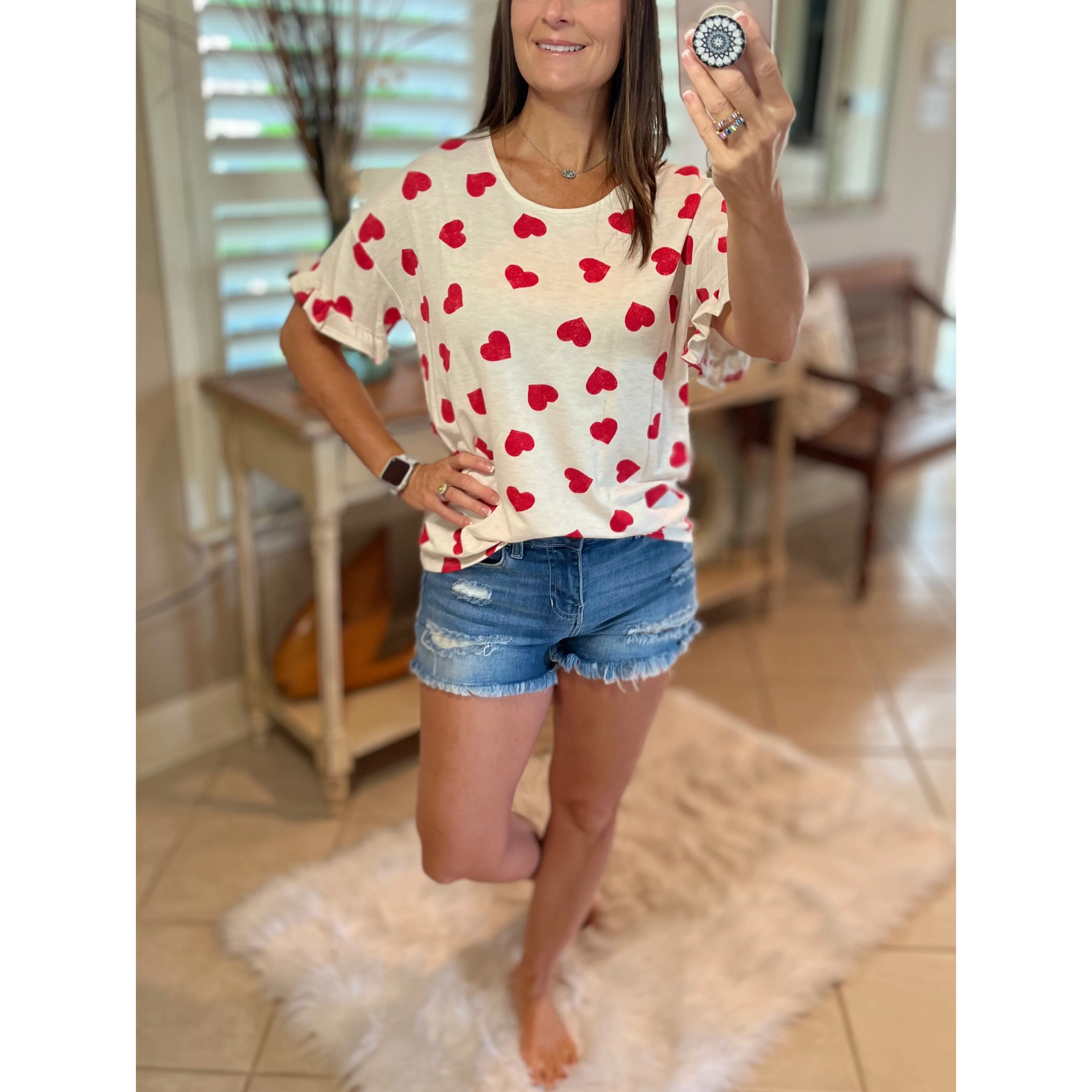 "Can't Buy Me Love" Heart Valentines Day Round Neck Short Ruffle Flutter Sleeve Floaty Top Red White