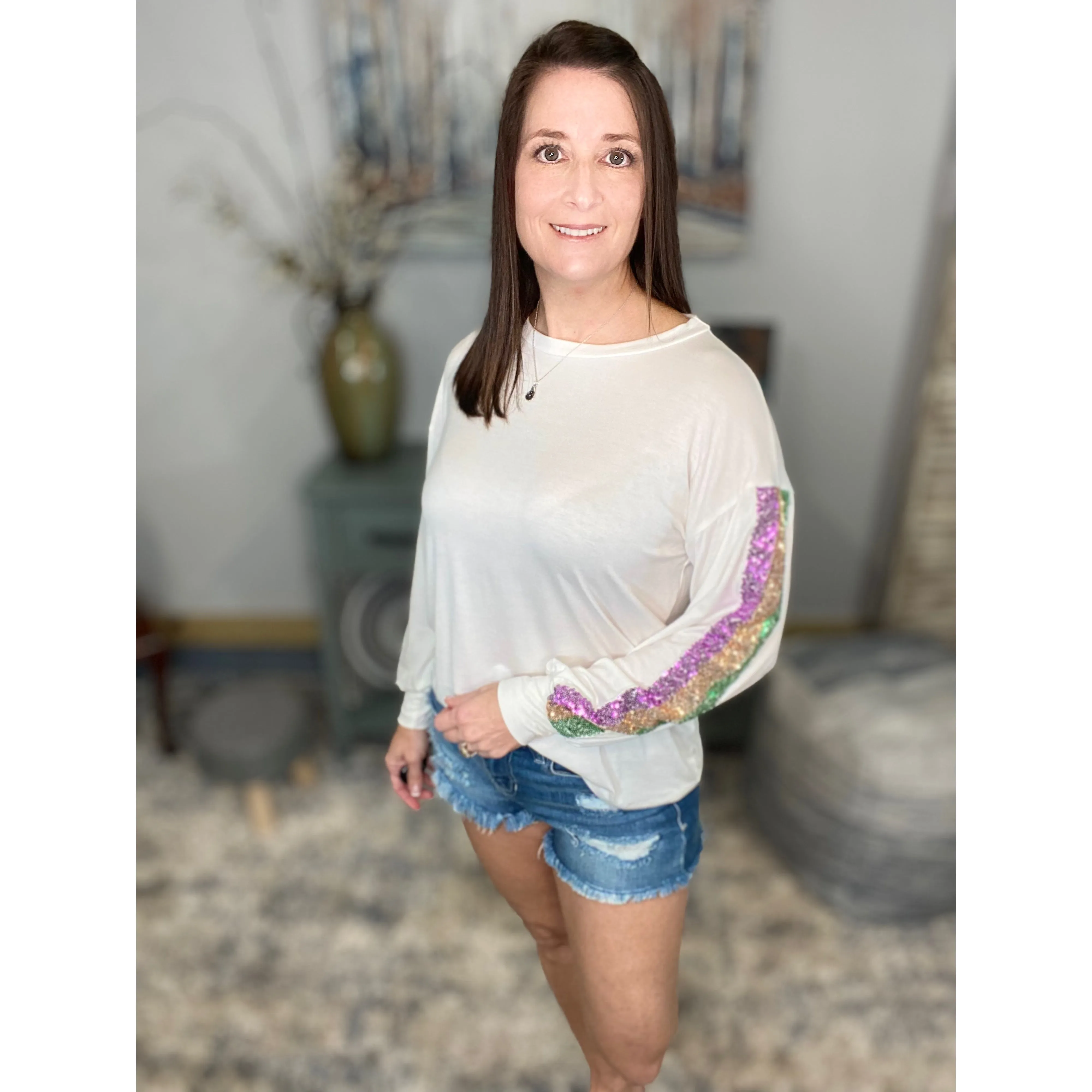 "It's Carnival Time" Mardi Gras Striped Sequined Color Block Sleeves Round Neck Shirt Purple Green & Gold Ivory