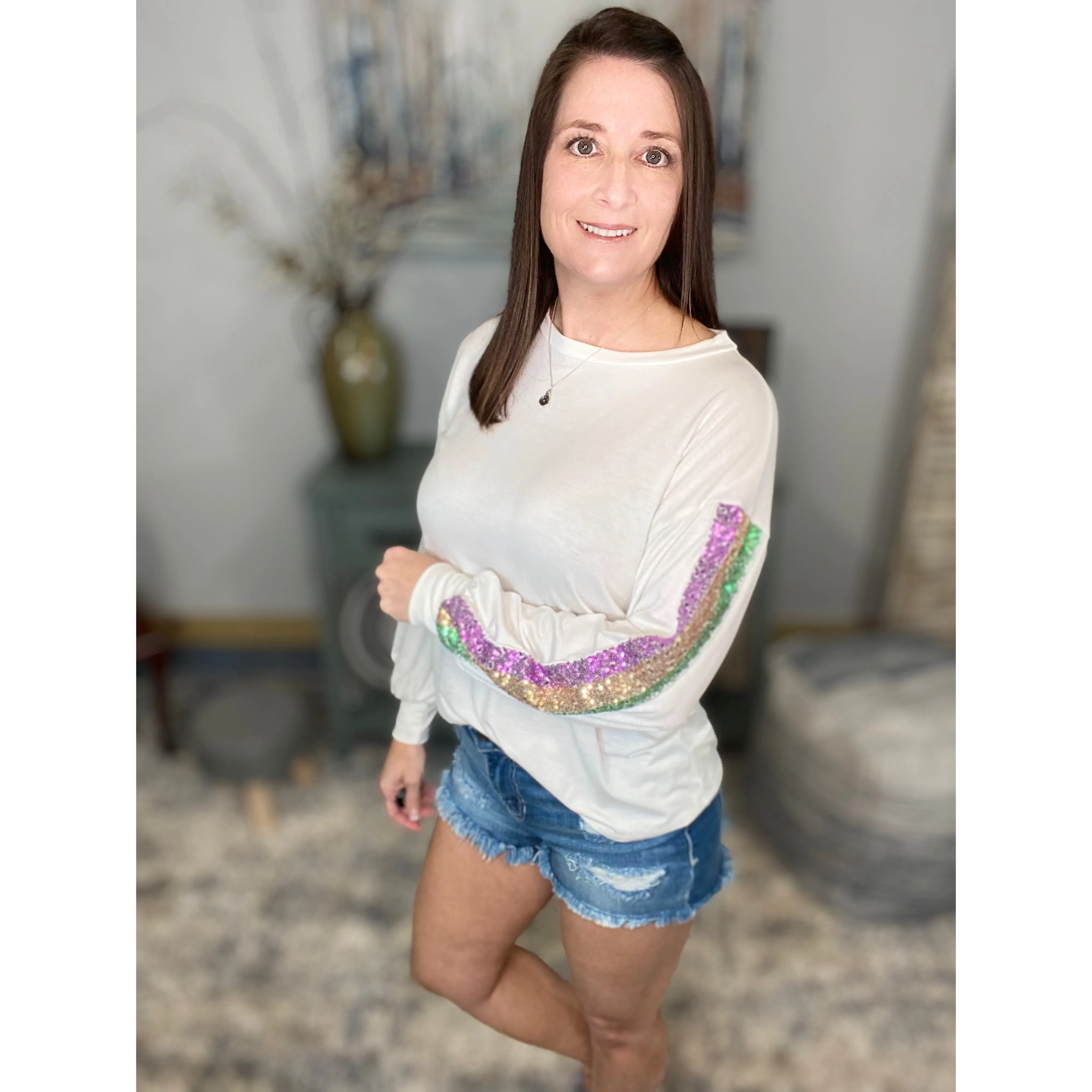 "It's Carnival Time" Mardi Gras Striped Sequined Color Block Sleeves Round Neck Shirt Purple Green & Gold Ivory