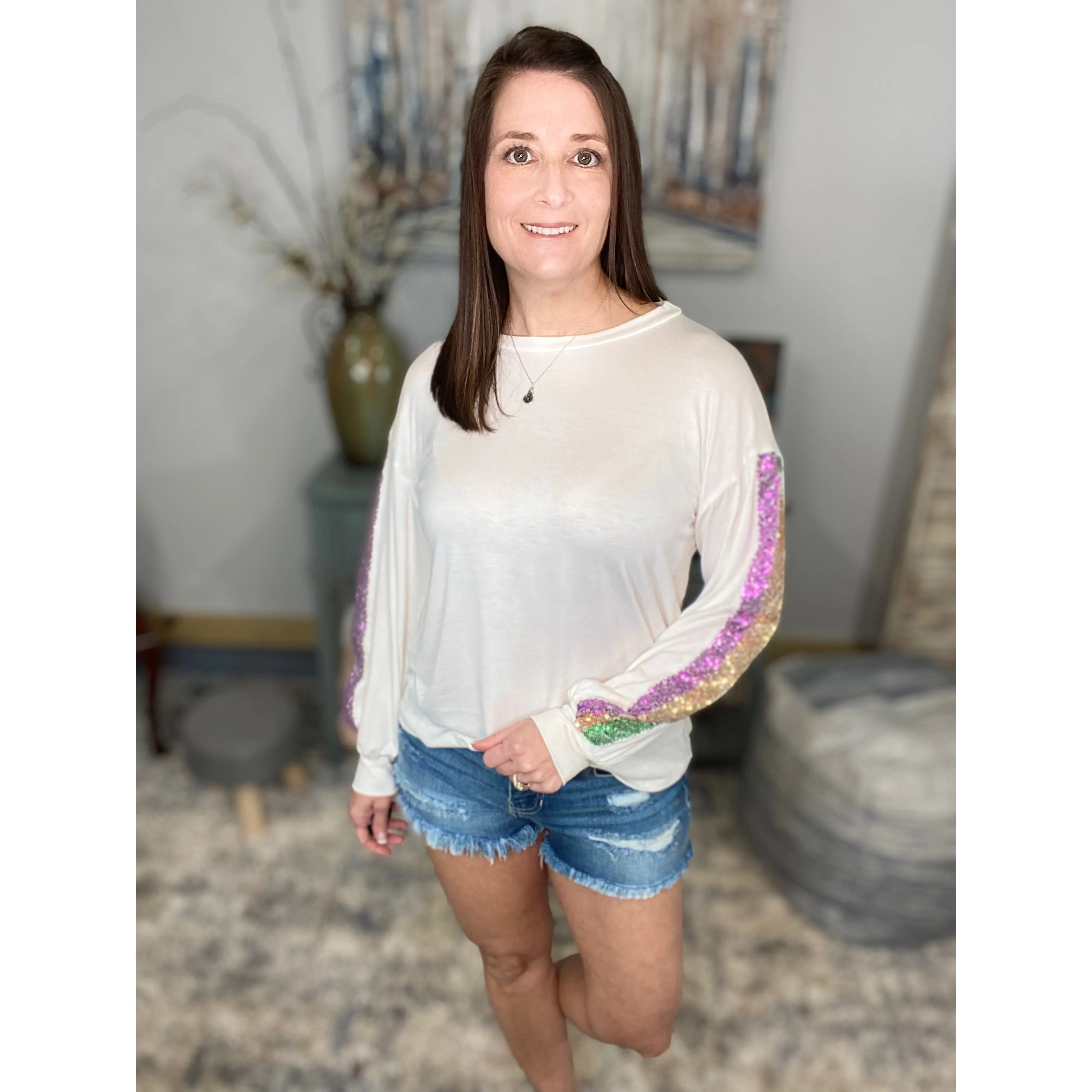 "It's Carnival Time" Mardi Gras Striped Sequined Color Block Sleeves Round Neck Shirt Purple Green & Gold Ivory