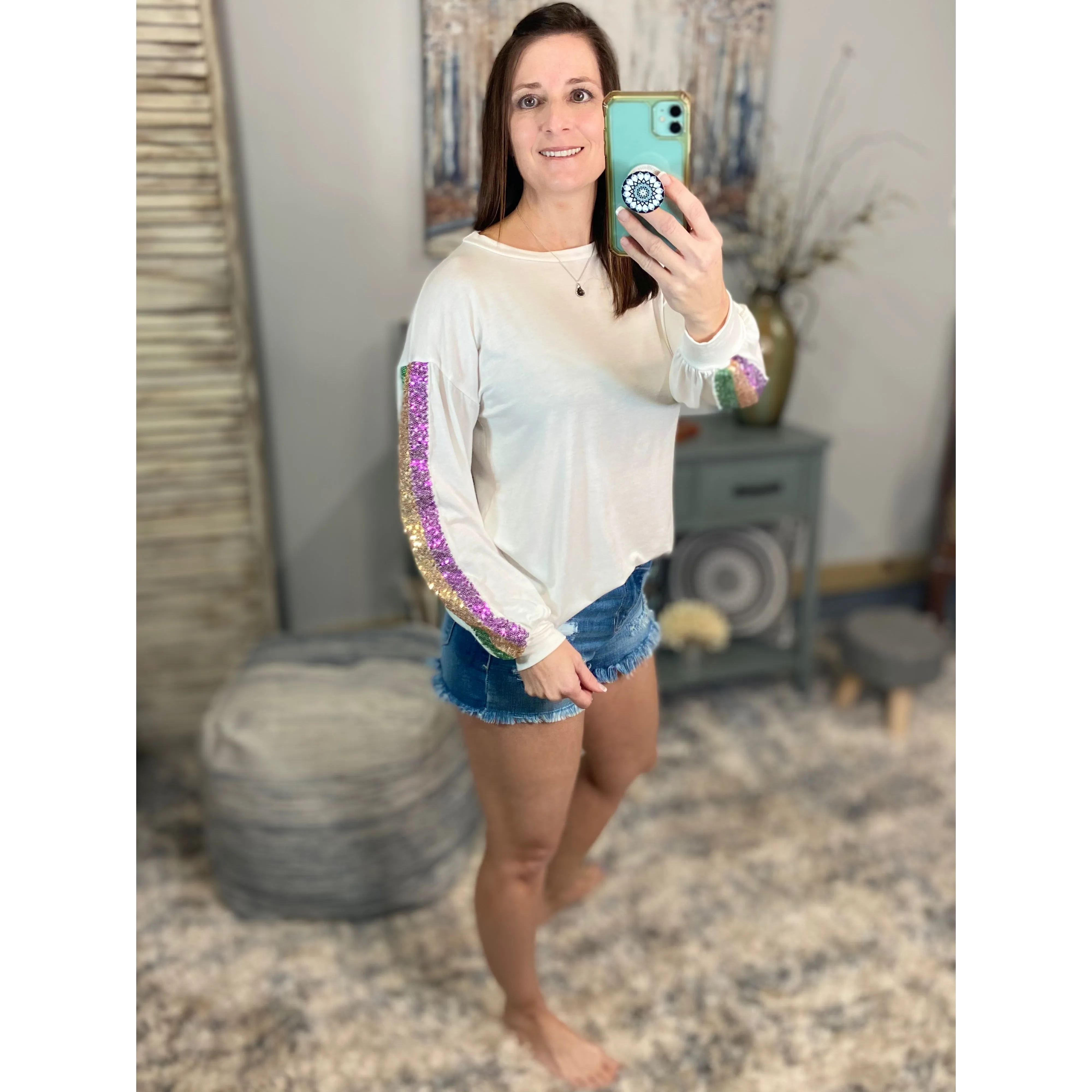 "It's Carnival Time" Mardi Gras Striped Sequined Color Block Sleeves Round Neck Shirt Purple Green & Gold Ivory