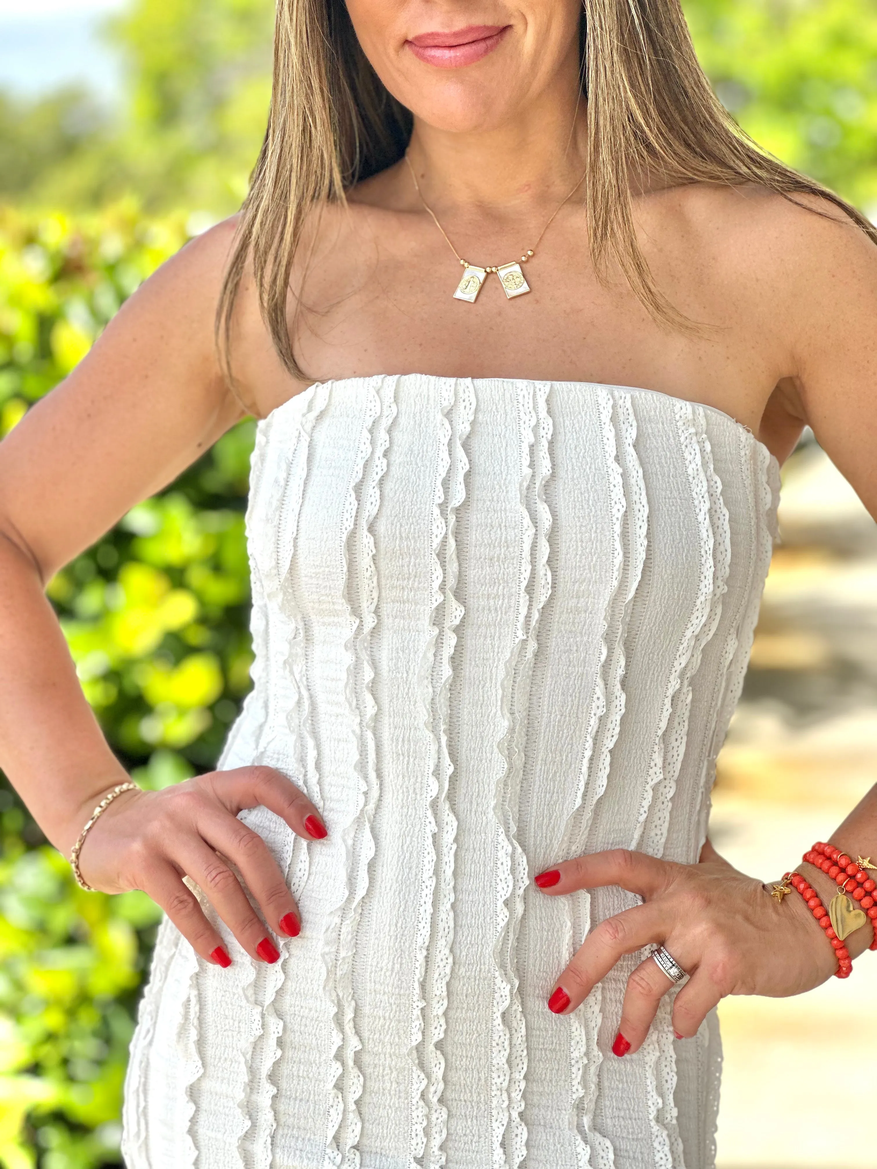 "Naples" Strapless Ruffle Slit Midi Dress