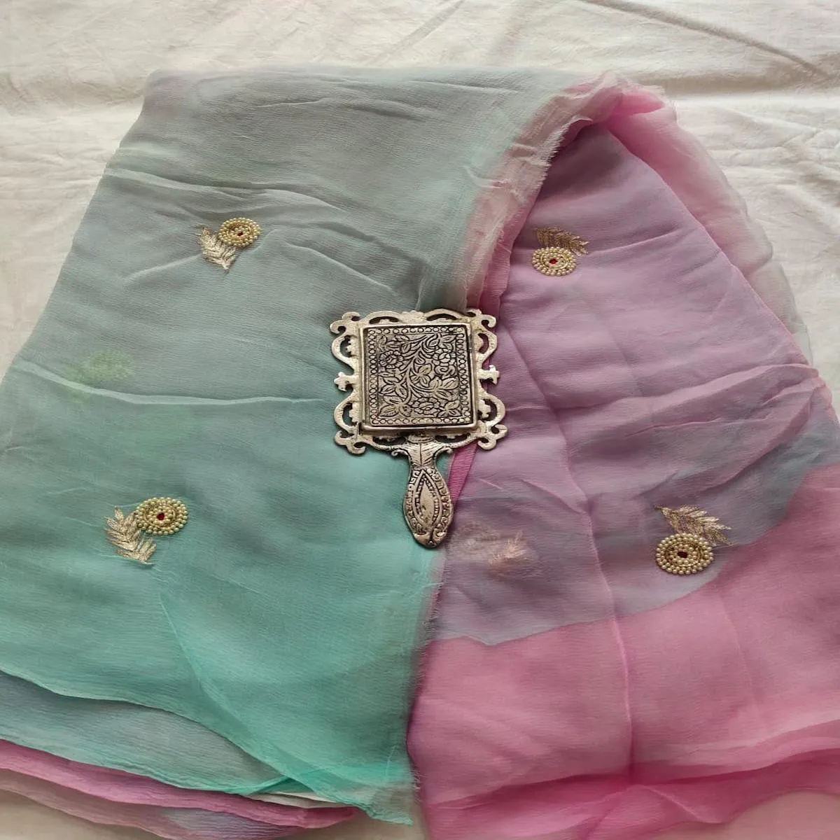 Rajputi Chiffon Handwork Sari In Pink And Blue