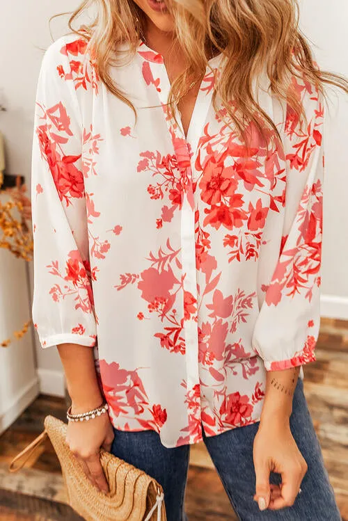 Raylee Floral Notched Long Sleeve Blouse