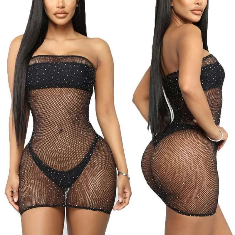 Rhinestone Off Shoulder Fishnet Cover Up Dress