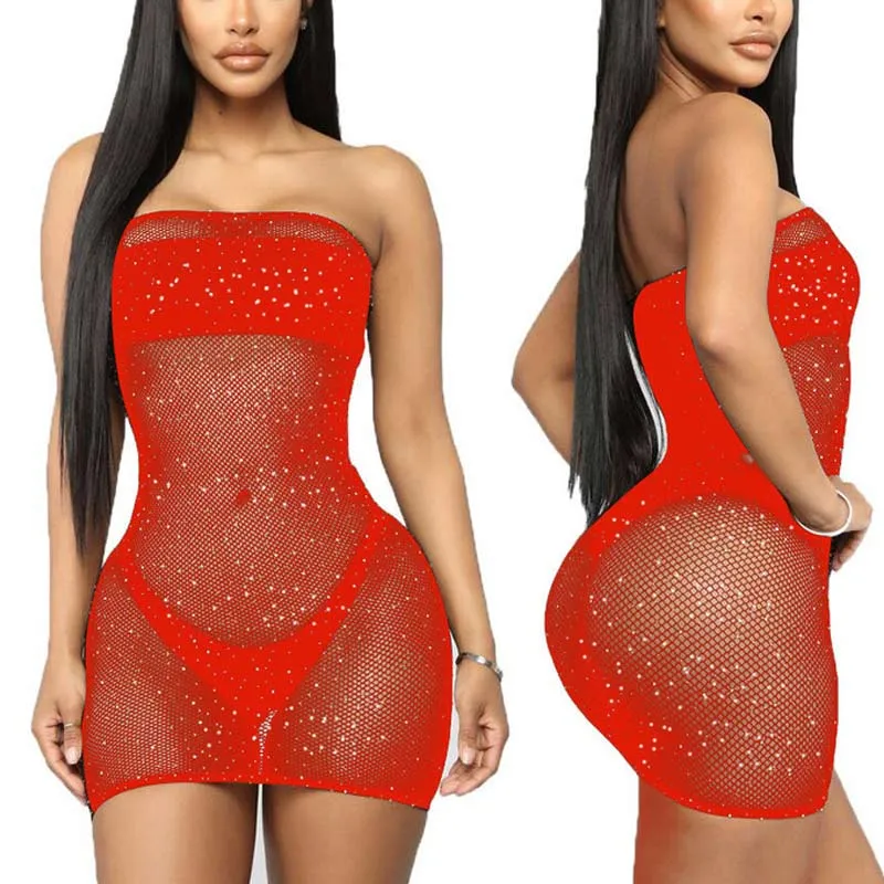 Rhinestone Off Shoulder Fishnet Cover Up Dress