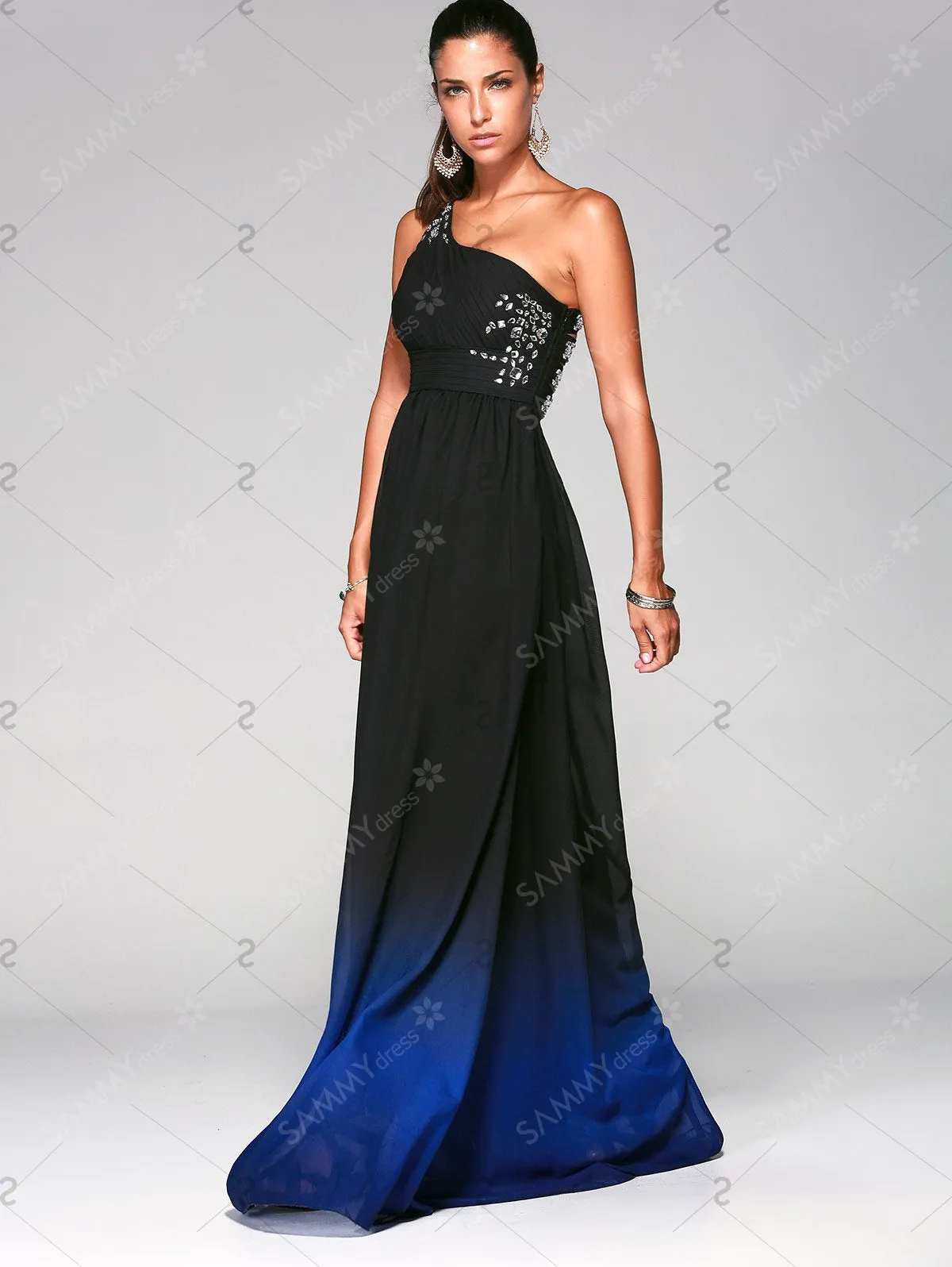 Rhinestone Sleeveless One-Shoulder Ombre Prom Dress