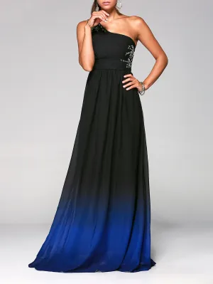 Rhinestone Sleeveless One-Shoulder Ombre Prom Dress