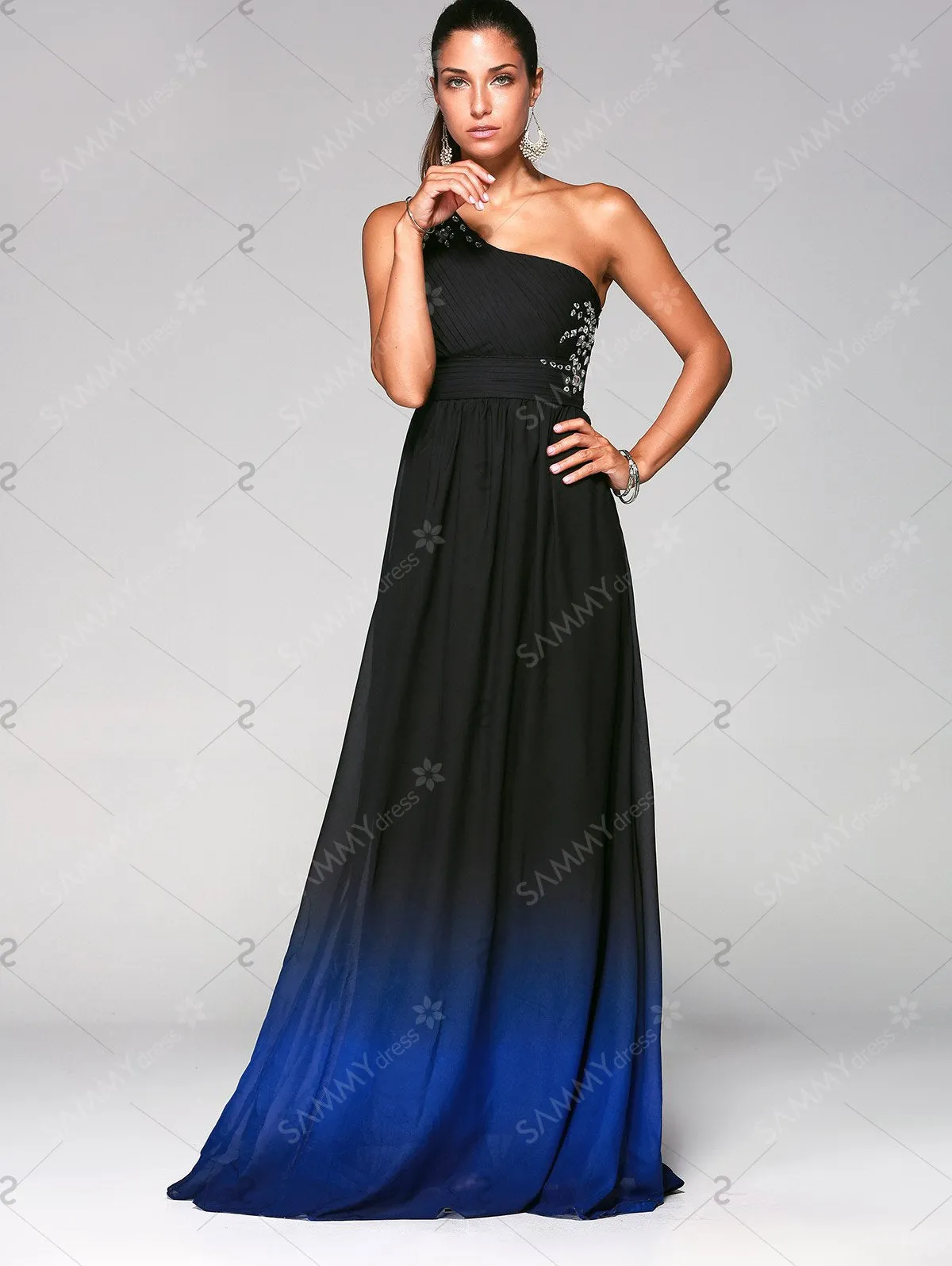 Rhinestone Sleeveless One-Shoulder Ombre Prom Dress