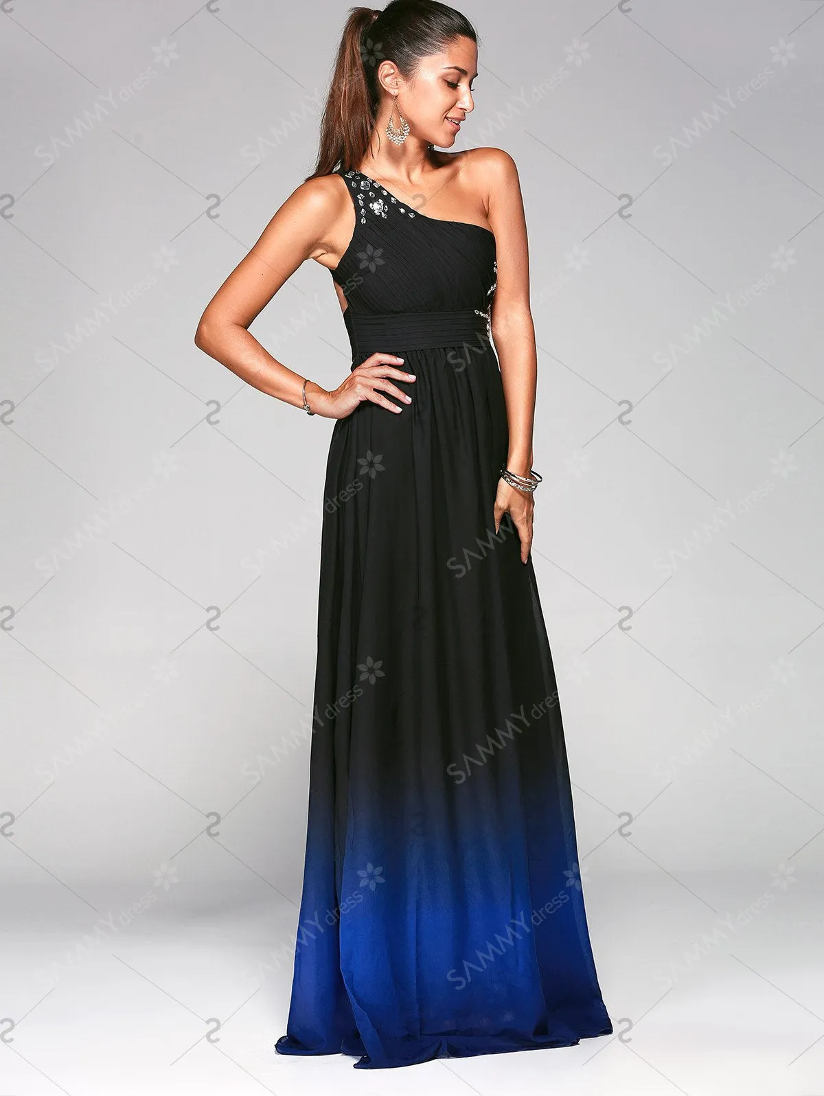Rhinestone Sleeveless One-Shoulder Ombre Prom Dress