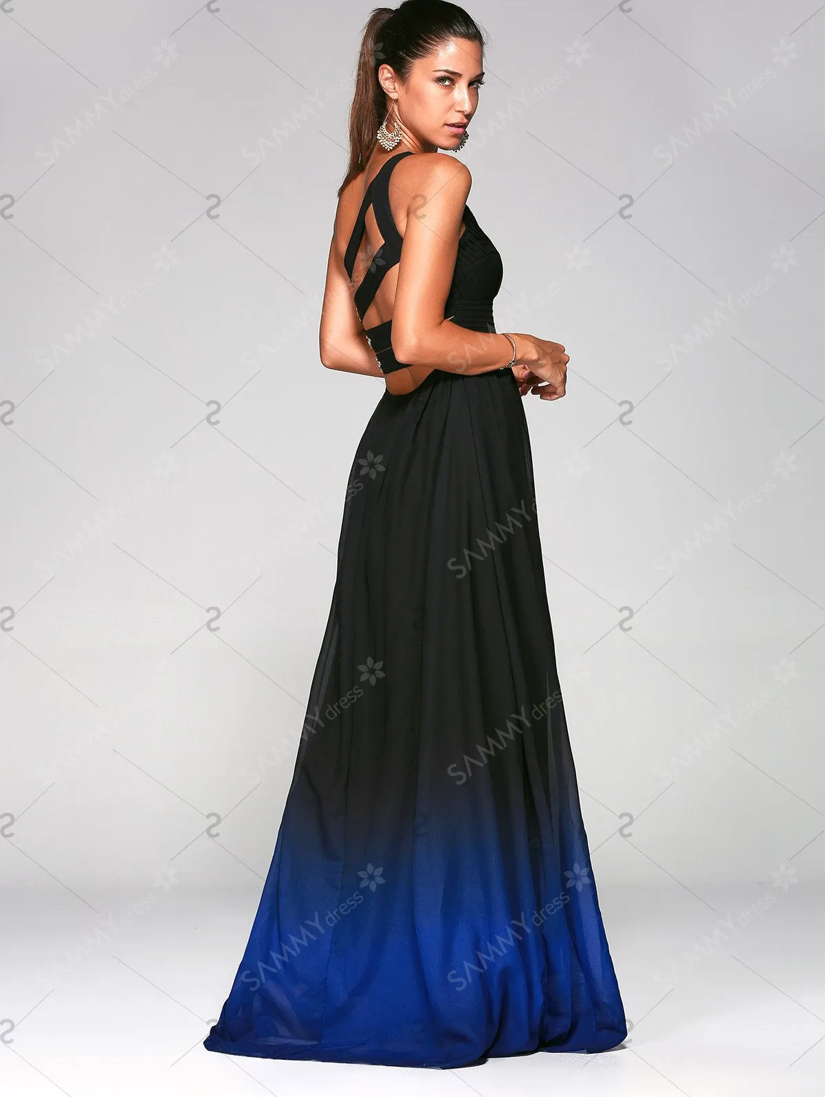 Rhinestone Sleeveless One-Shoulder Ombre Prom Dress