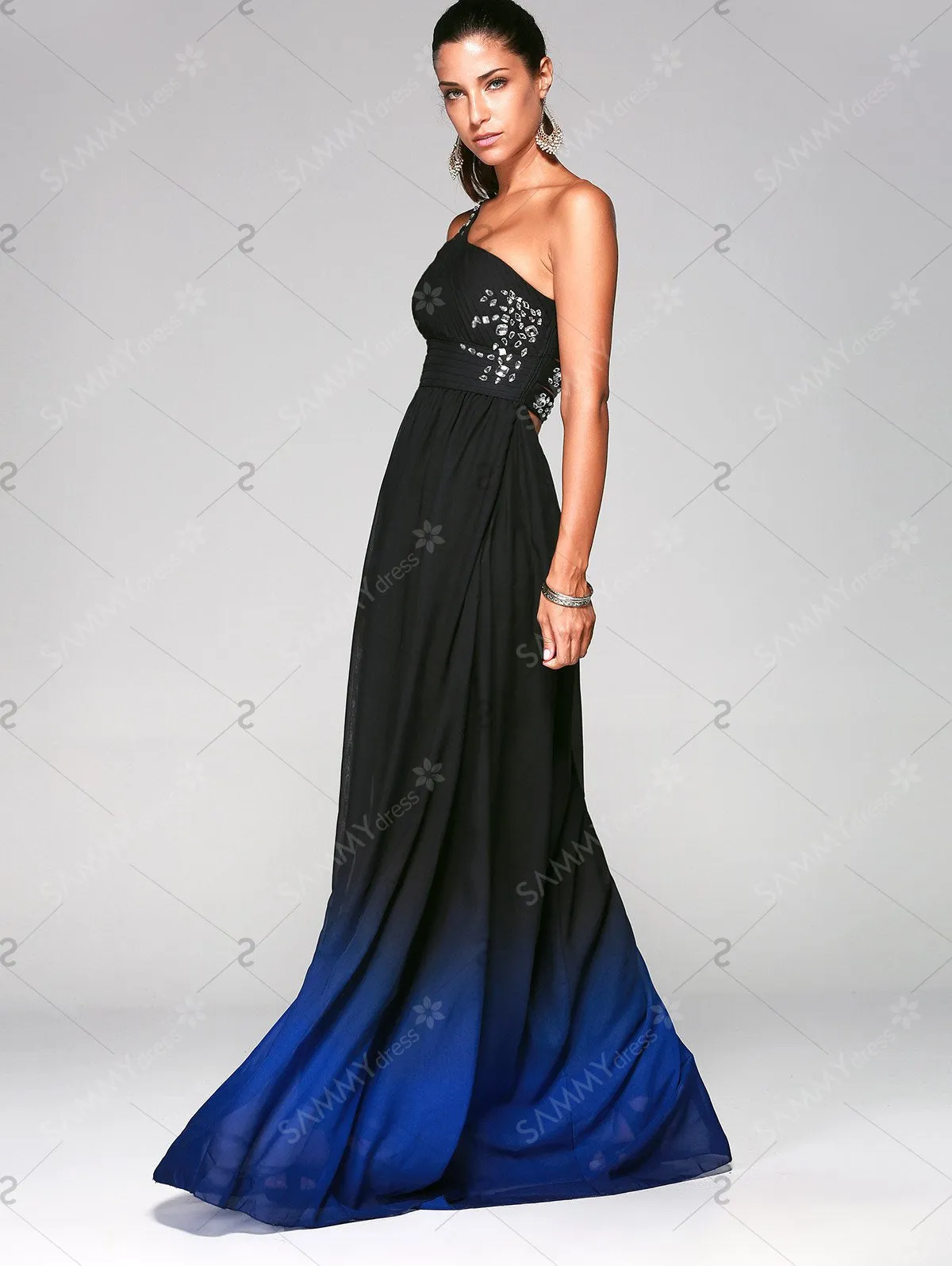 Rhinestone Sleeveless One-Shoulder Ombre Prom Dress