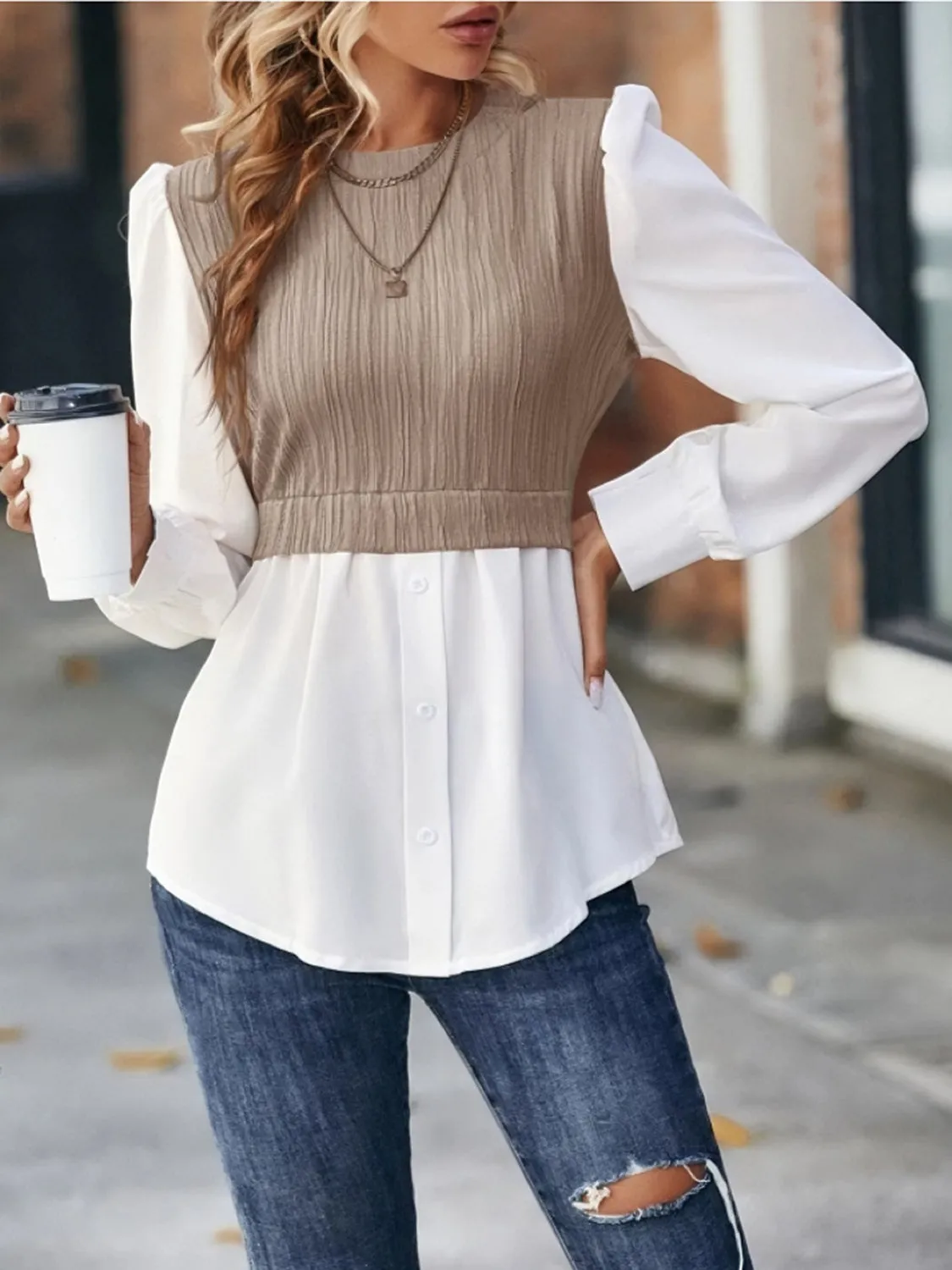 Rhya Contrast Round Neck Puff Sleeve Blouse