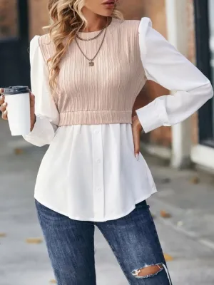 Rhya Contrast Round Neck Puff Sleeve Blouse