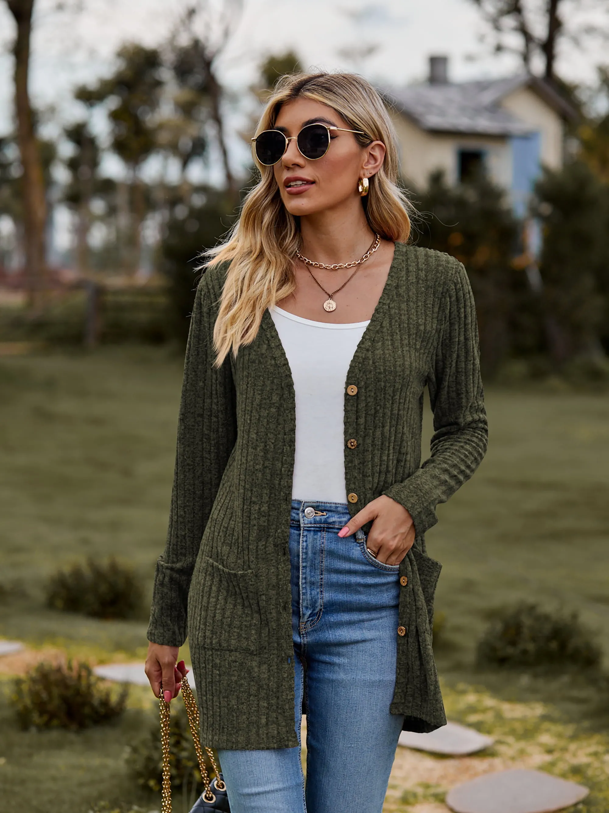 Ribbed Button-UP Cardigan with Pockets (6 Colors)
