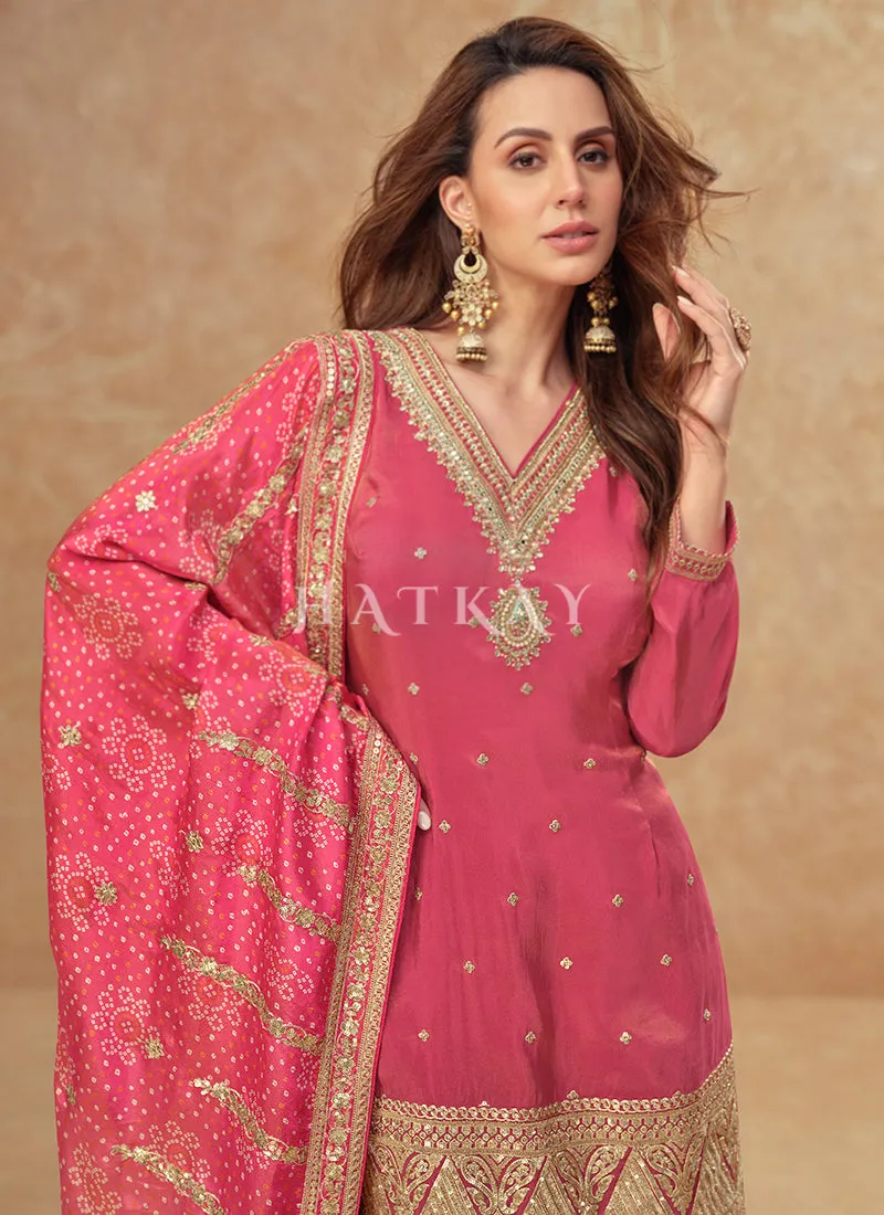 Rich Pink Embroidery Sharara Suit