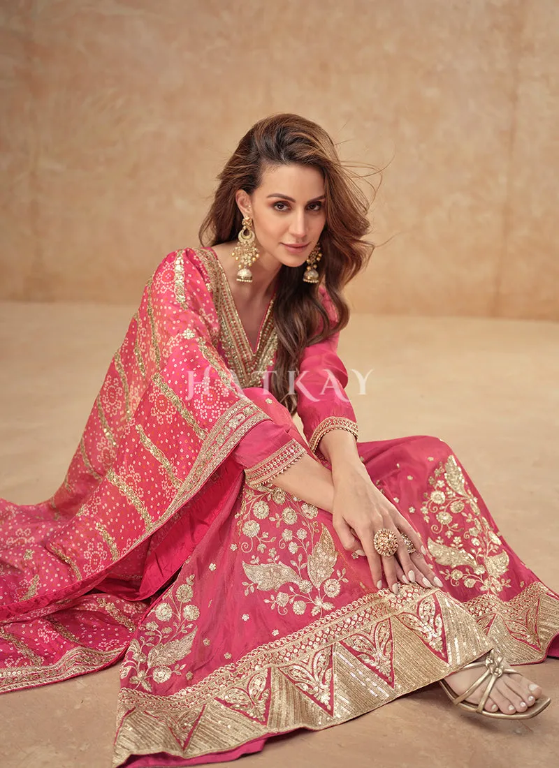 Rich Pink Embroidery Sharara Suit