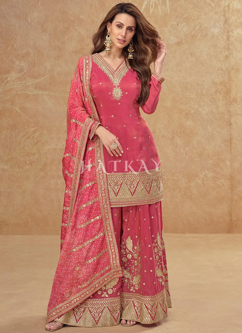 Rich Pink Embroidery Sharara Suit